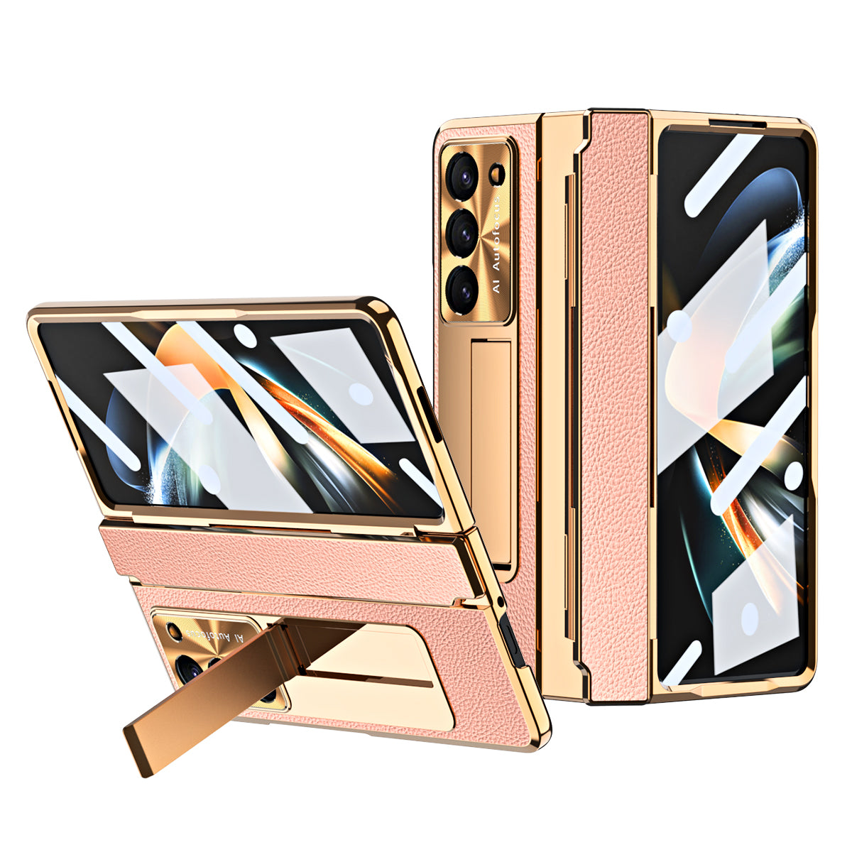 Luxury Leather Magnetic Bracket Shell Electroplated Phone Case For Samsung Galaxy Z Fold3/4/5 With Back Screen Glass - mycasety2023 Mycasety
