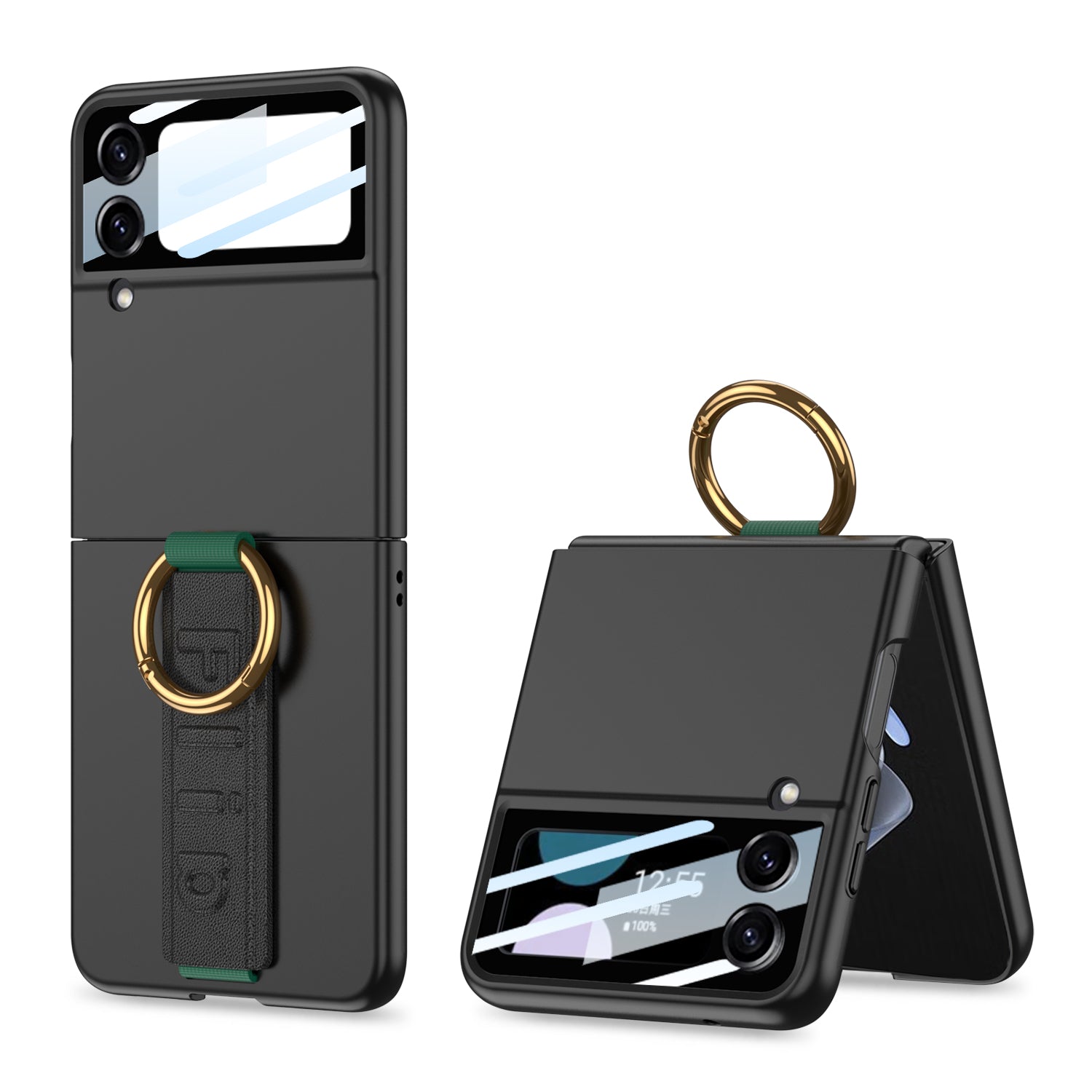 Premium Wristband Ring Holder Phone Case With Back Screen Protector For Samsung Galaxy Z Flip5 Flip4 Flip3 - mycasety2023 Mycasety