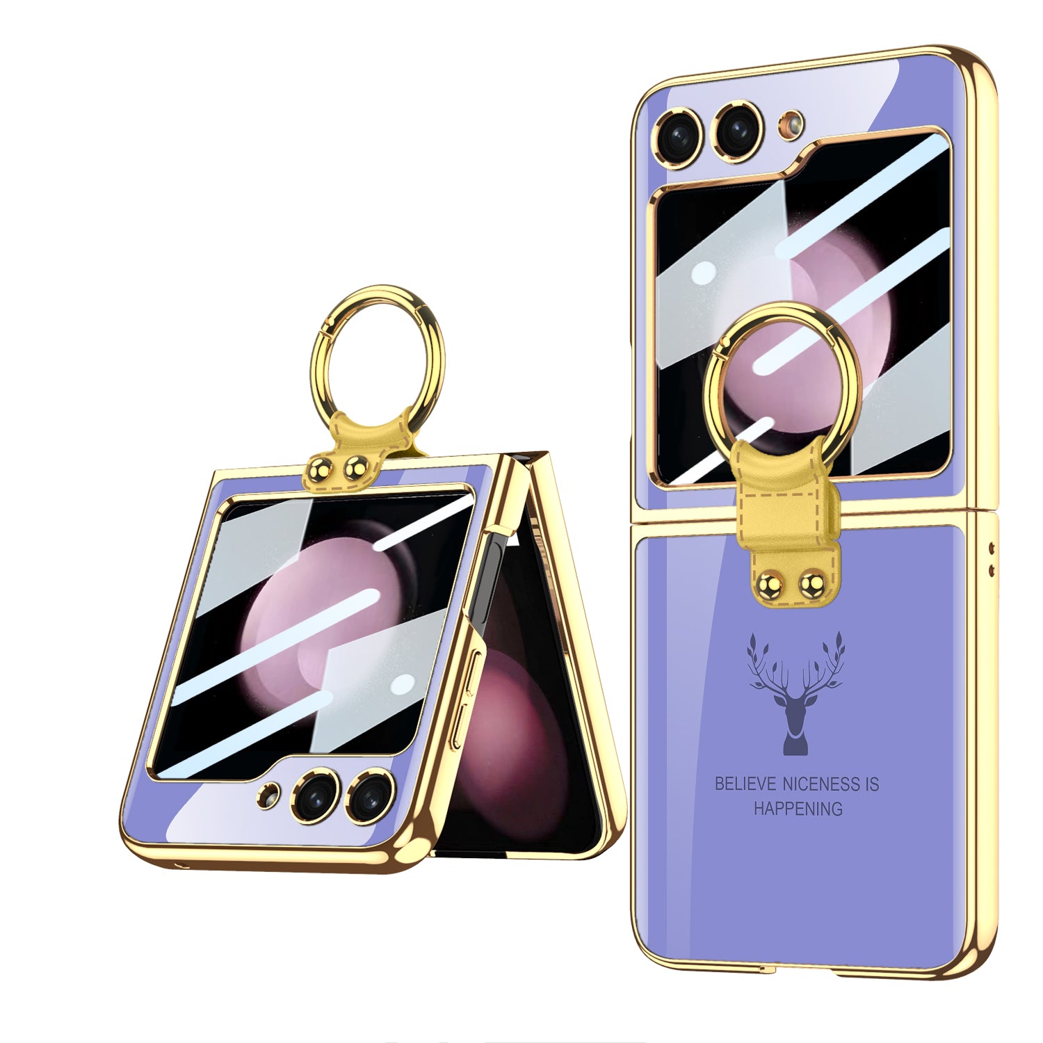 Electroplating Deer Pattern Ring Holder Drop-proof Phone Case With Back Screen Protector For Samsung Galaxy Z Flip5 - Mycasety Mycasety