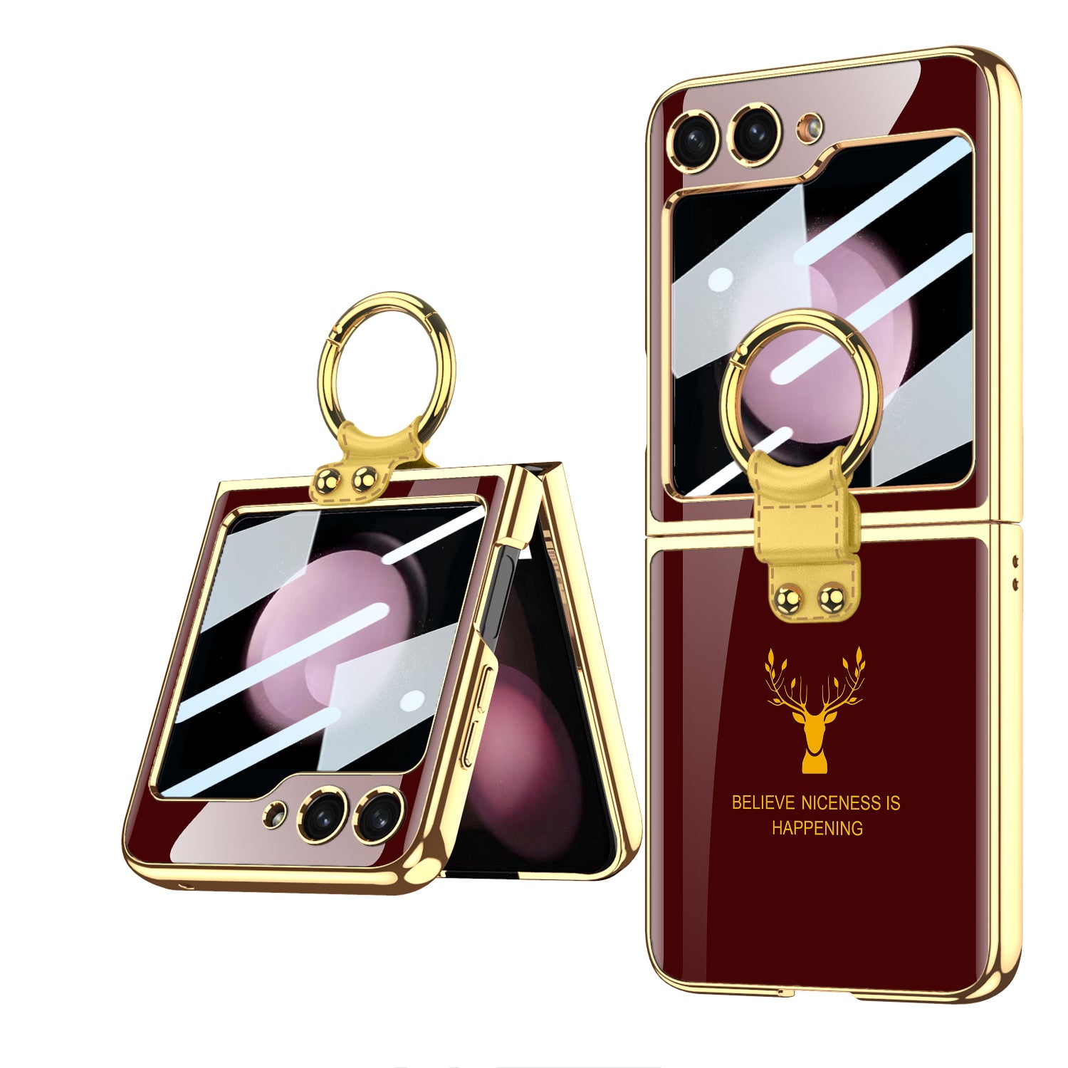Electroplating Deer Pattern Ring Holder Drop-proof Phone Case With Back Screen Protector For Samsung Galaxy Z Flip5 - Mycasety Mycasety