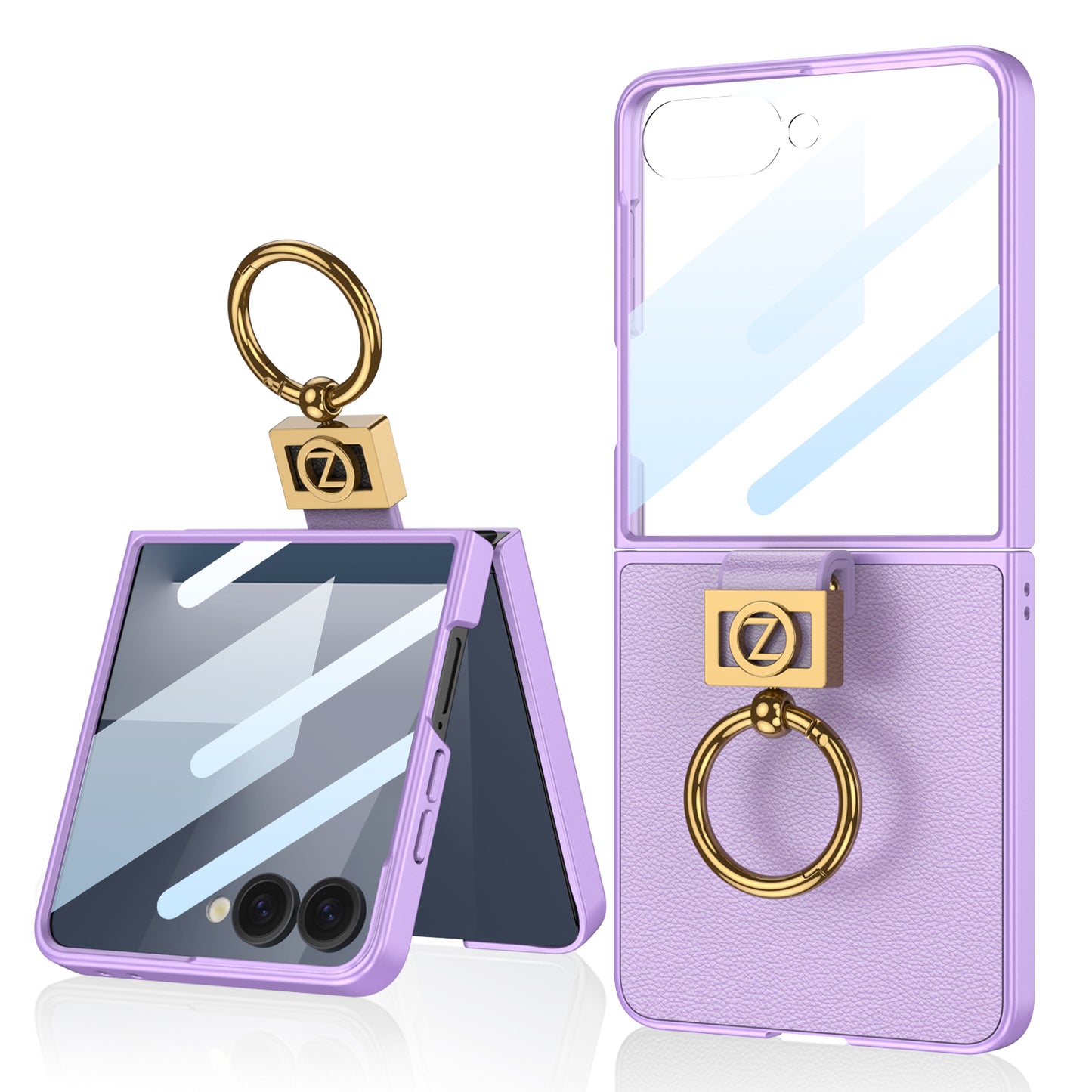 Luxury Leather Z Ring Holder Phone Case With Back Screen Protector For Galaxy Z Flip 7