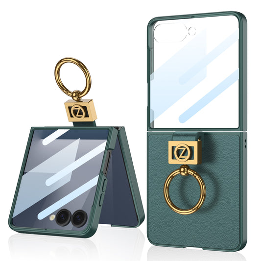 Luxury Leather Z Ring Holder Phone Case With Back Screen Protector For Galaxy Z Flip 7