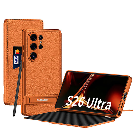 Leather Electroplated Protective Cover With Invisible Holder For Galaxy S24 S23 Ultra