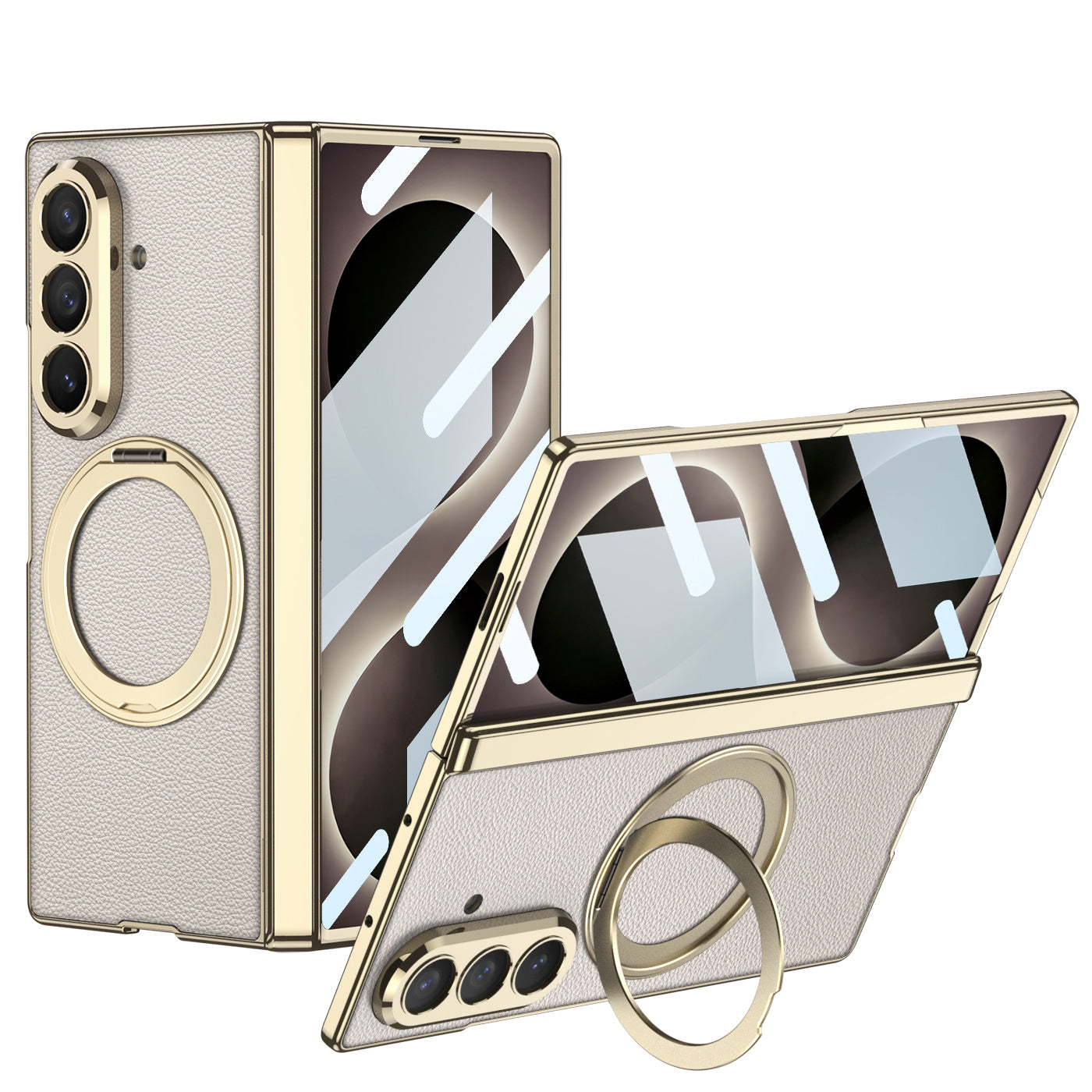 Luxurious Leather Golden Plating Phone Case with Built-In Tempered Glass & Magnetic Bracket For  Galaxy Z Fold 8/7 Wide Ultra