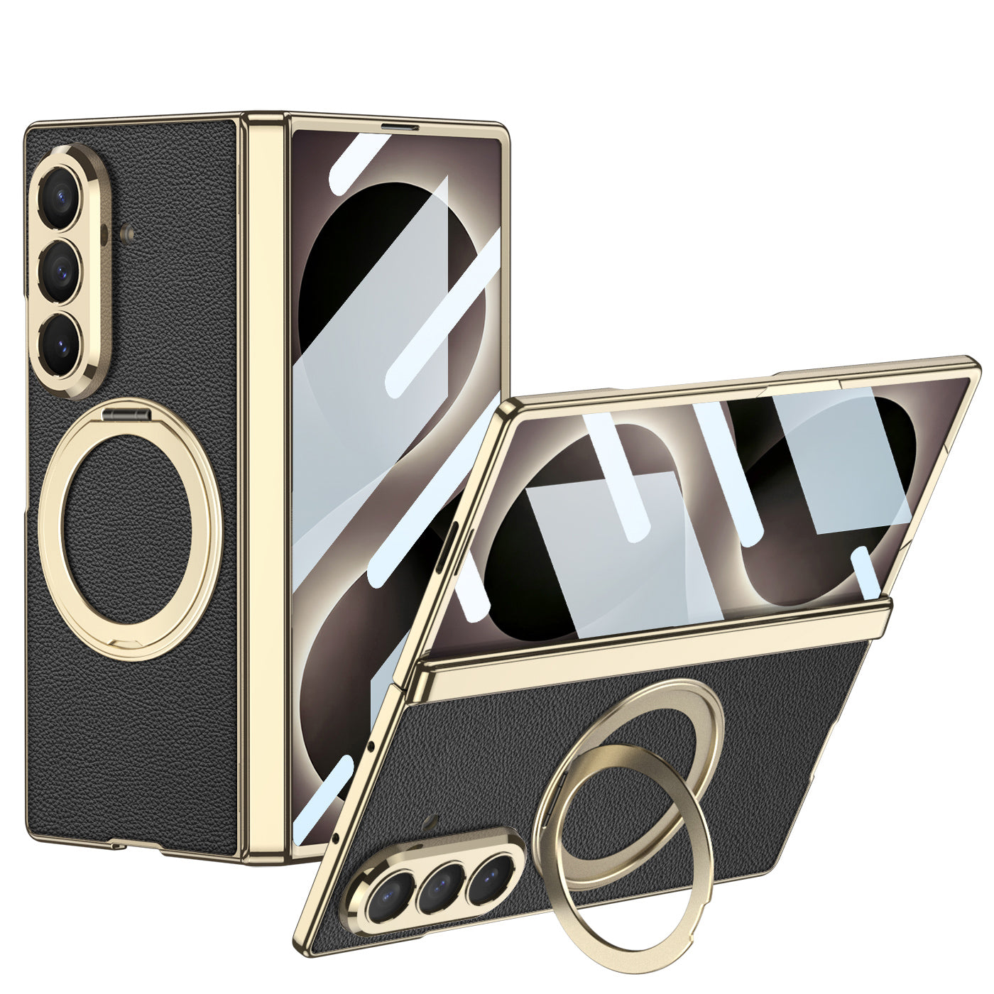 Luxurious Leather Golden Plating Phone Case with Built-In Tempered Glass & Magnetic Bracket For  Galaxy Z Fold 8/7 Wide Ultra
