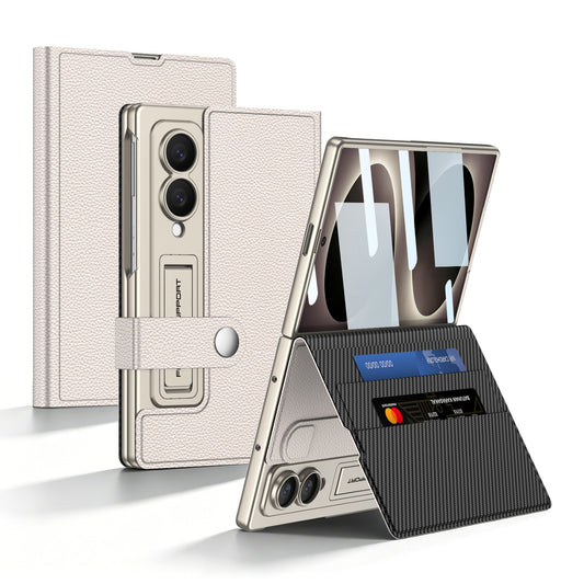Luxury Leather Galaxy Z Fold 8/7/6 Ultra Phone Case with Built-In Tempered Glass & Kickstand