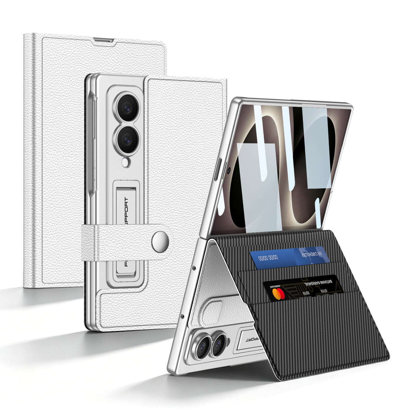 Luxury Leather Galaxy Z Fold 8/7/6 Ultra Phone Case with Built-In Tempered Glass & Kickstand