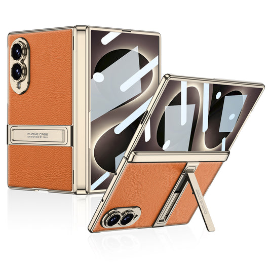 Leather Case For Galaxy Z Fold8 Wide Ultra – Gold-Finish Frame, Built-In Tempered Glass Film & Hidden Kickstand