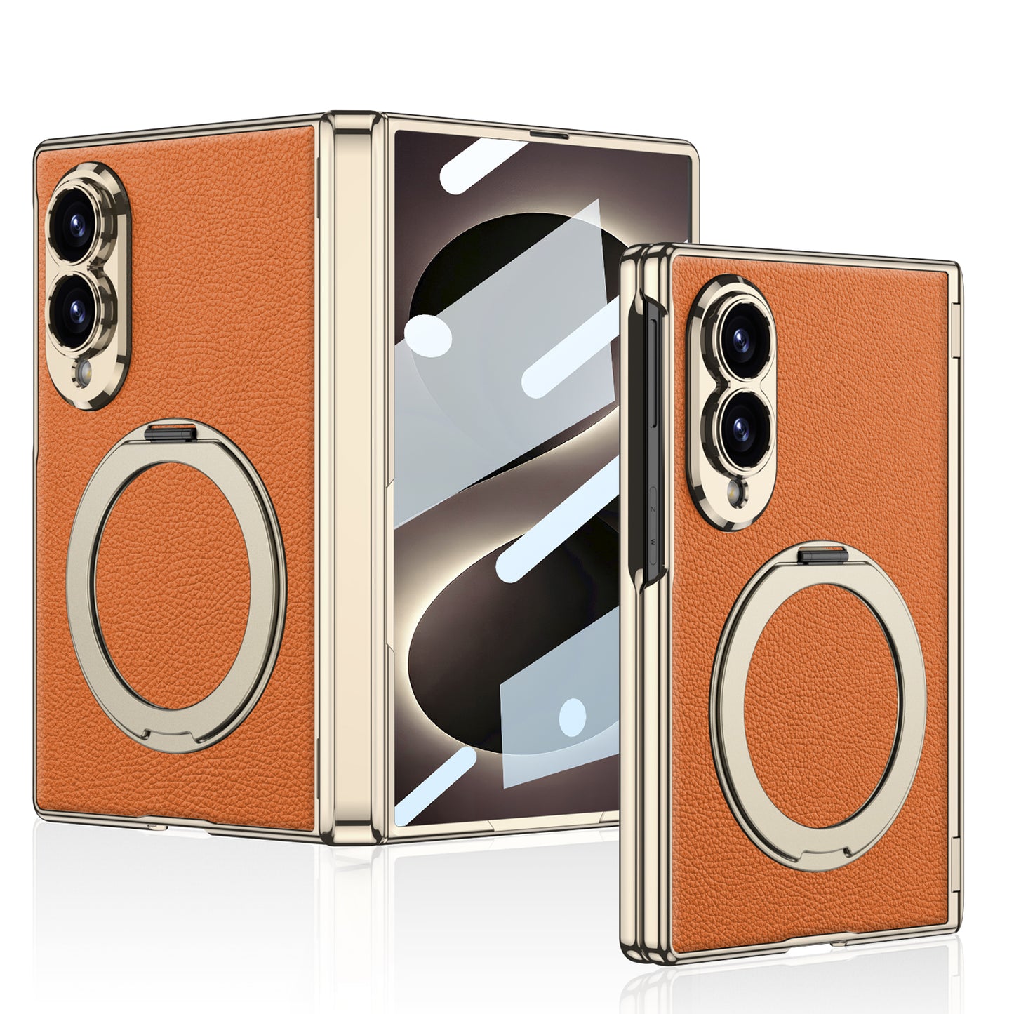Luxurious Leather Golden Plating Phone Case with Built-In Tempered Glass & Magnetic Bracket For  Galaxy Z Fold 8/7 Wide Ultra