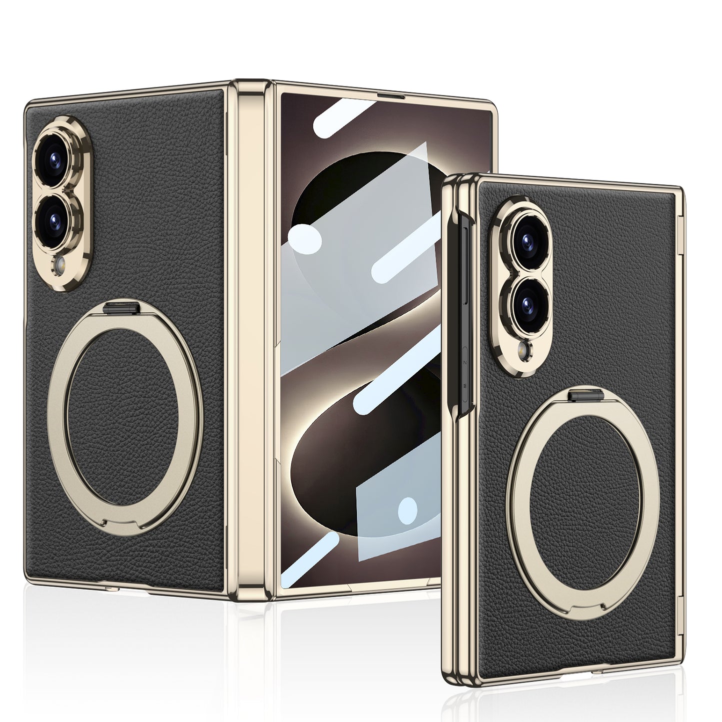 Luxurious Leather Golden Plating Phone Case with Built-In Tempered Glass & Magnetic Bracket For  Galaxy Z Fold 8/7 Wide Ultra