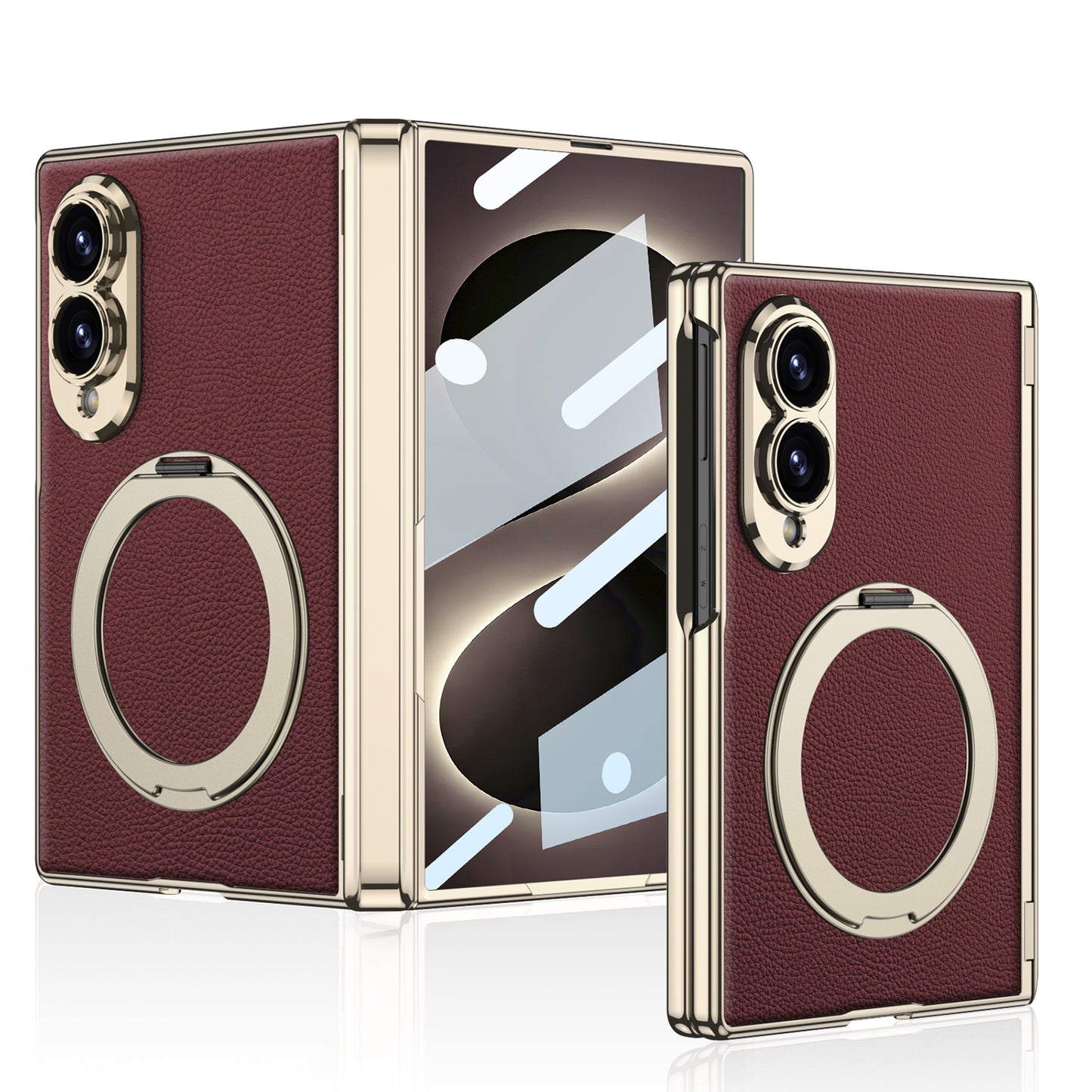 Luxurious Leather Golden Plating Phone Case with Built-In Tempered Glass & Magnetic Bracket For  Galaxy Z Fold 8/7 Wide Ultra