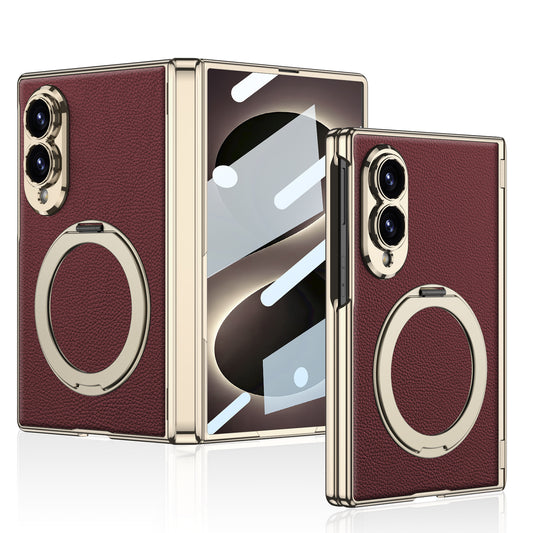 Luxurious Leather Golden Plating Phone Case with Built-In Tempered Glass & Magnetic Bracket For  Galaxy Z Fold8 Wide Ultra
