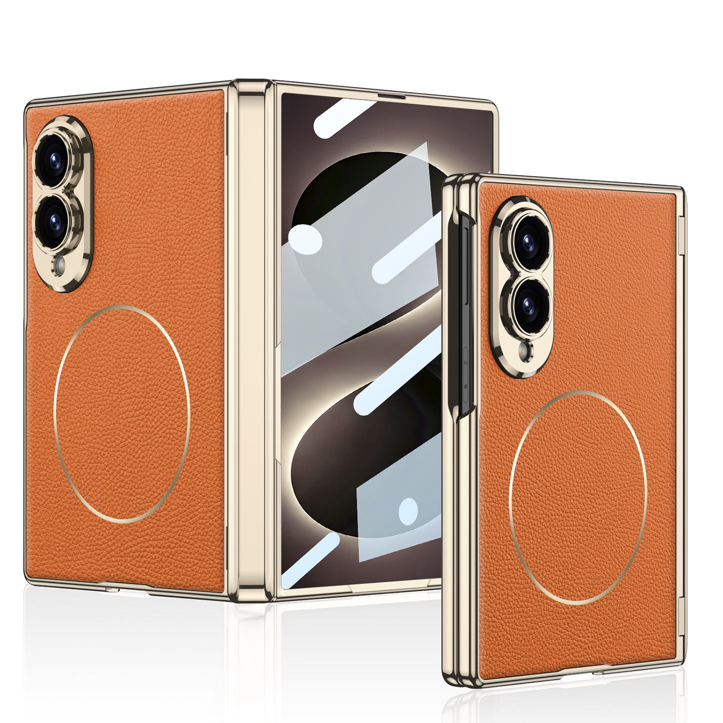 Leather Case For Galaxy Z Fold8 Wide Ultra – Gold-Finish Frame, Built-In Tempered Glass Film & Magnetic Coil