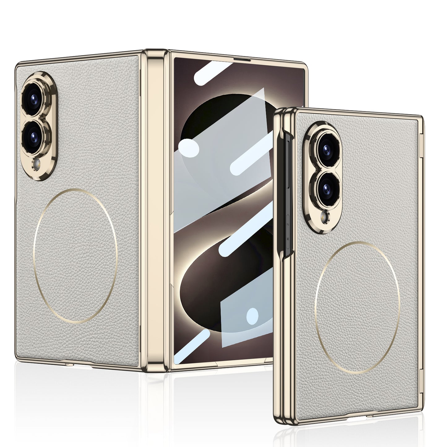 Leather Case For Galaxy Z Fold8 Wide Ultra – Gold-Finish Frame, Built-In Tempered Glass Film & Magnetic Coil