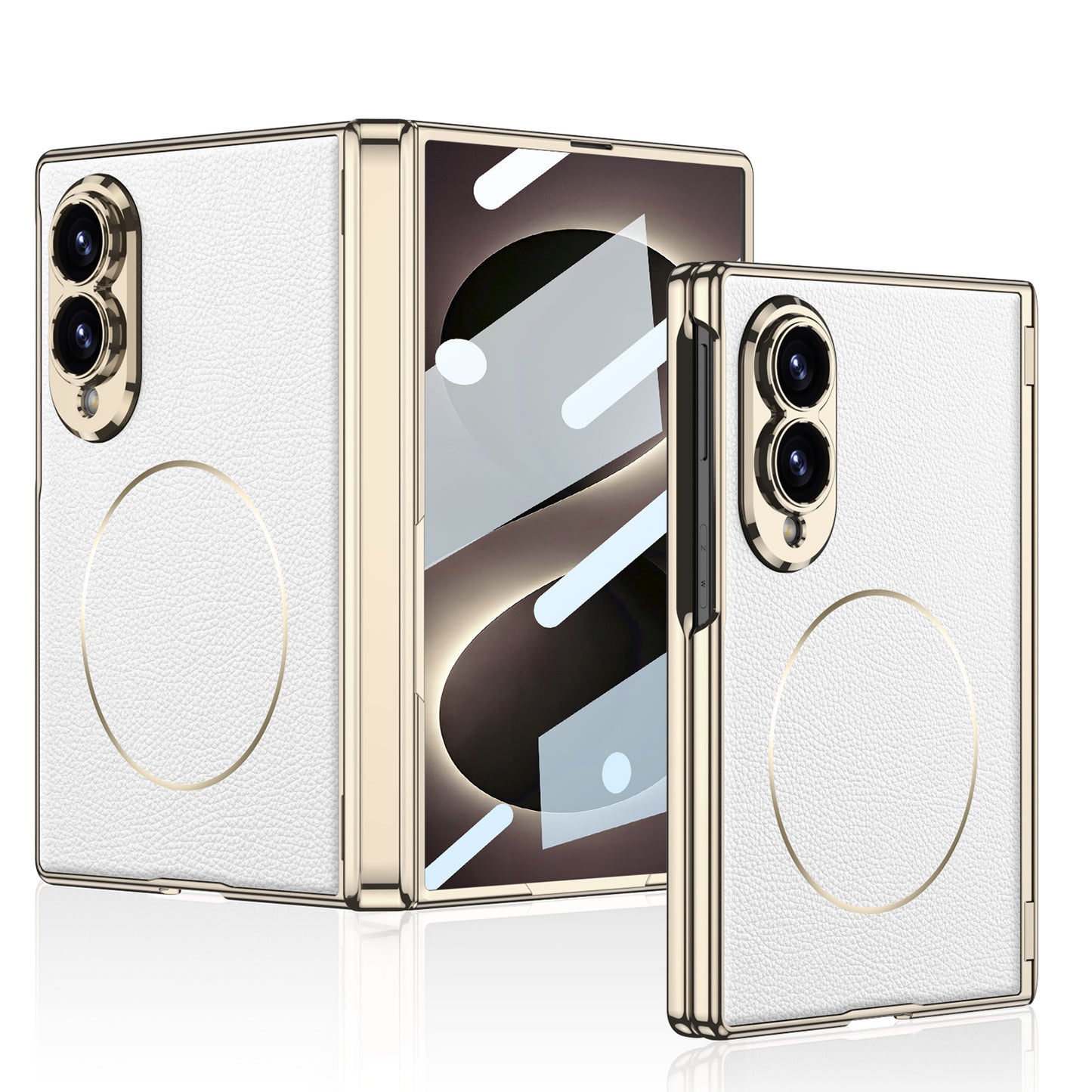 Leather Case For Galaxy Z Fold8 Wide Ultra – Gold-Finish Frame, Built-In Tempered Glass Film & Magnetic Coil