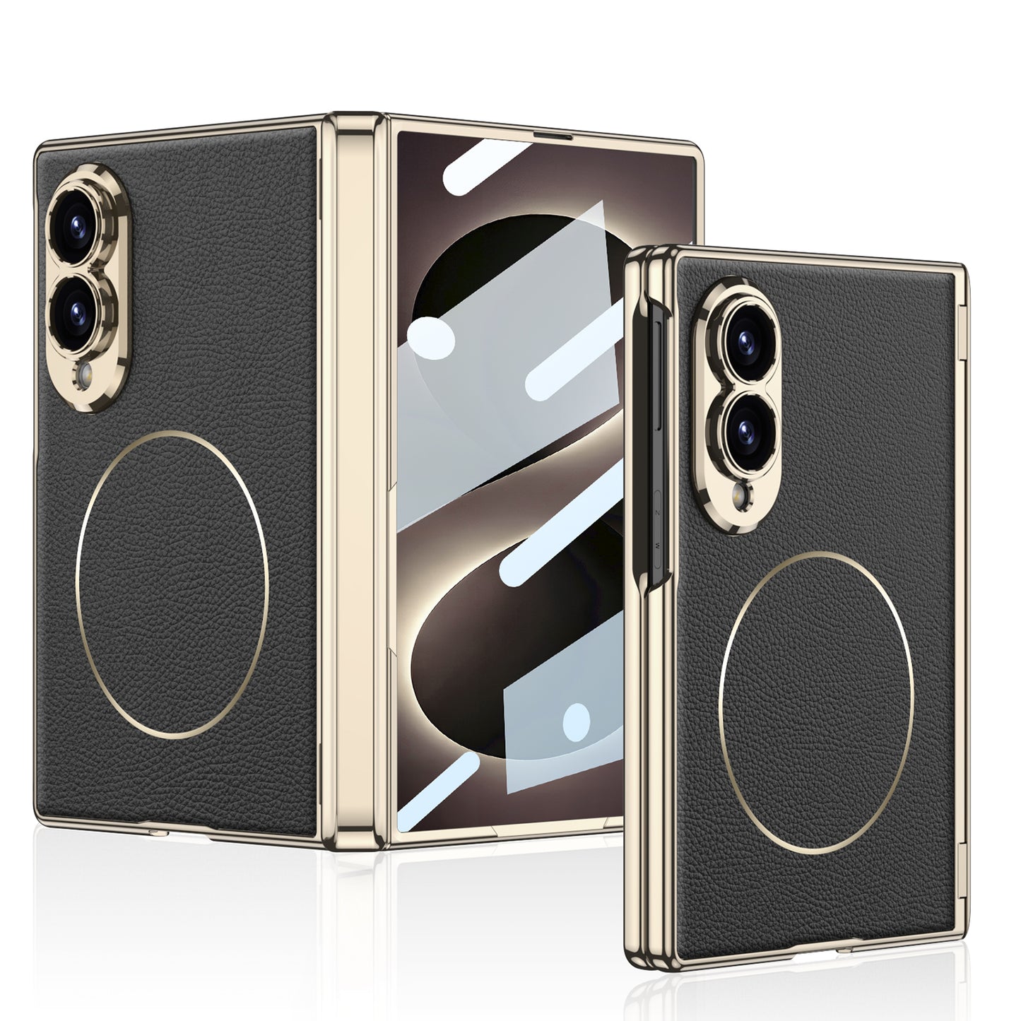 Leather Case For Galaxy Z Fold8 Wide Ultra – Gold-Finish Frame, Built-In Tempered Glass Film & Magnetic Coil