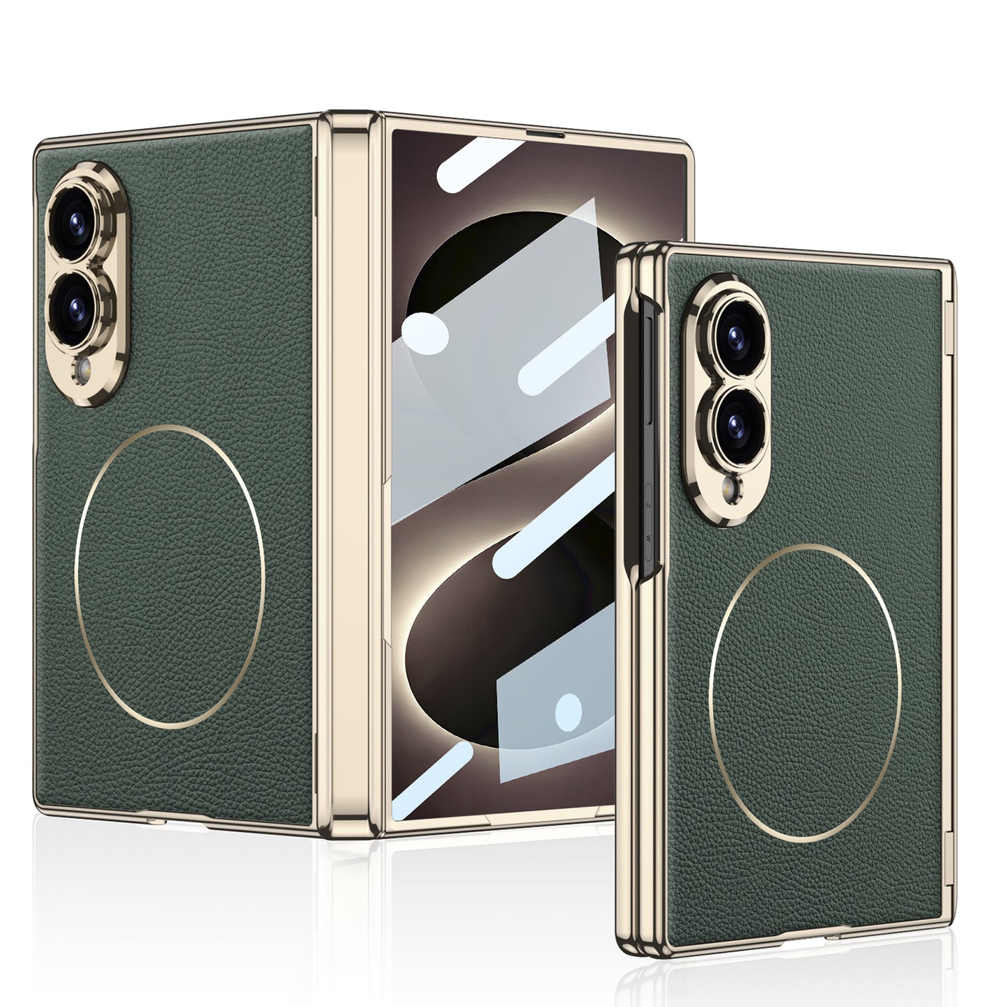 Leather Case For Galaxy Z Fold8 Wide Ultra – Gold-Finish Frame, Built-In Tempered Glass Film & Magnetic Coil