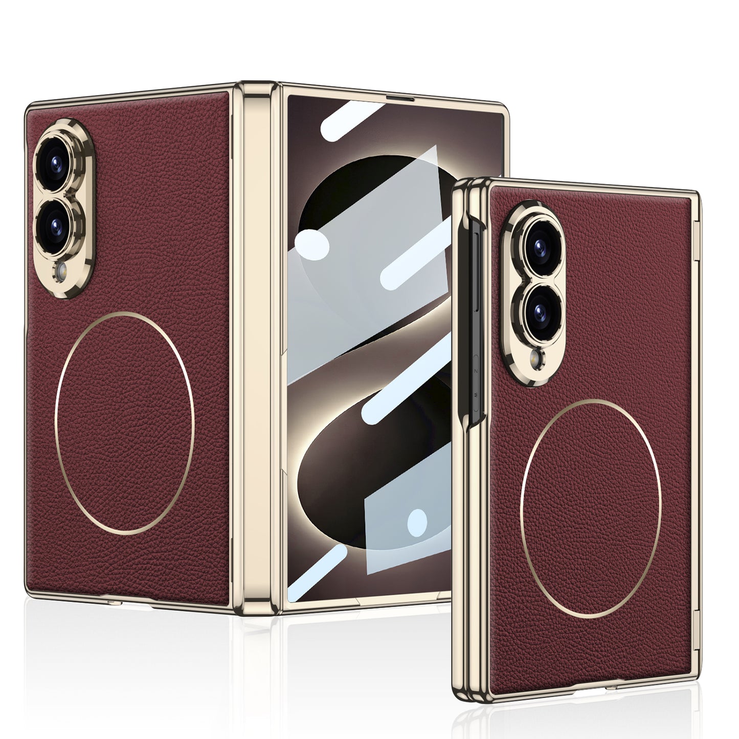 Leather Case For Galaxy Z Fold8 Wide Ultra – Gold-Finish Frame, Built-In Tempered Glass Film & Magnetic Coil