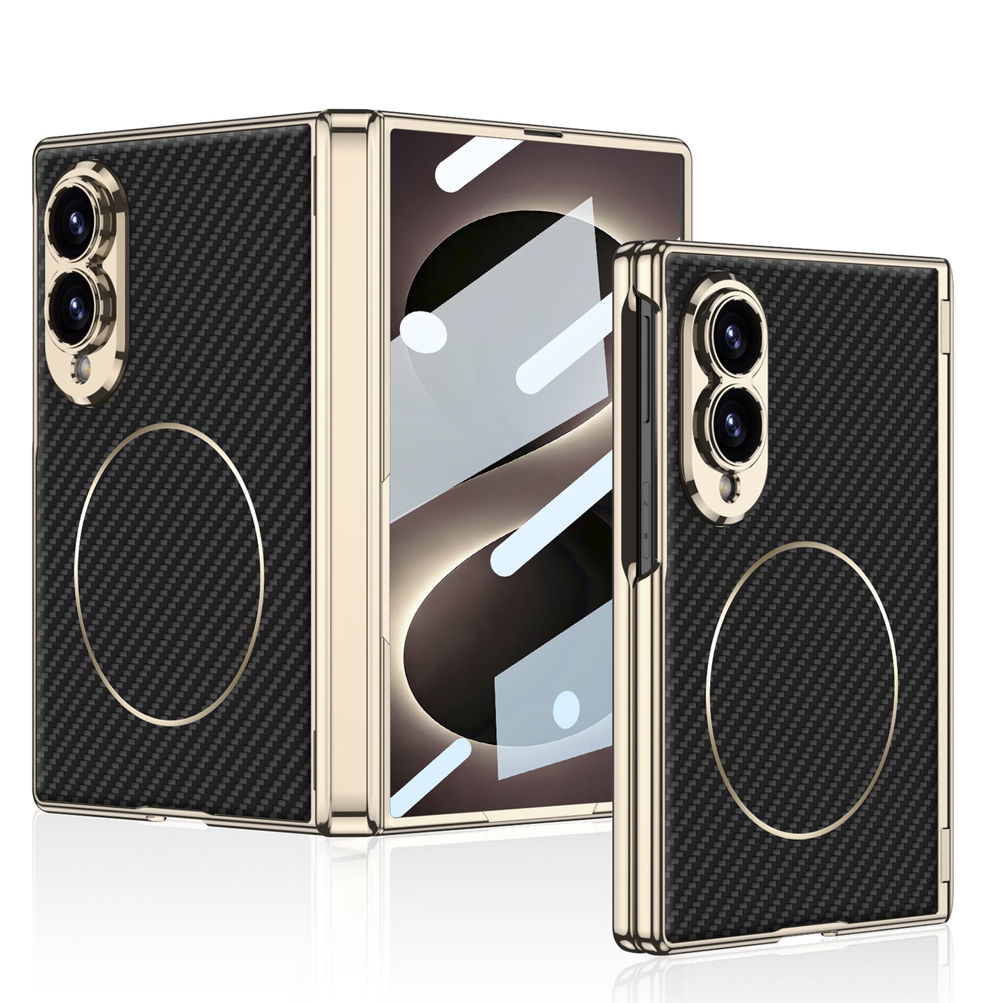 Leather Case For Galaxy Z Fold8 Wide Ultra – Gold-Finish Frame, Built-In Tempered Glass Film & Magnetic Coil
