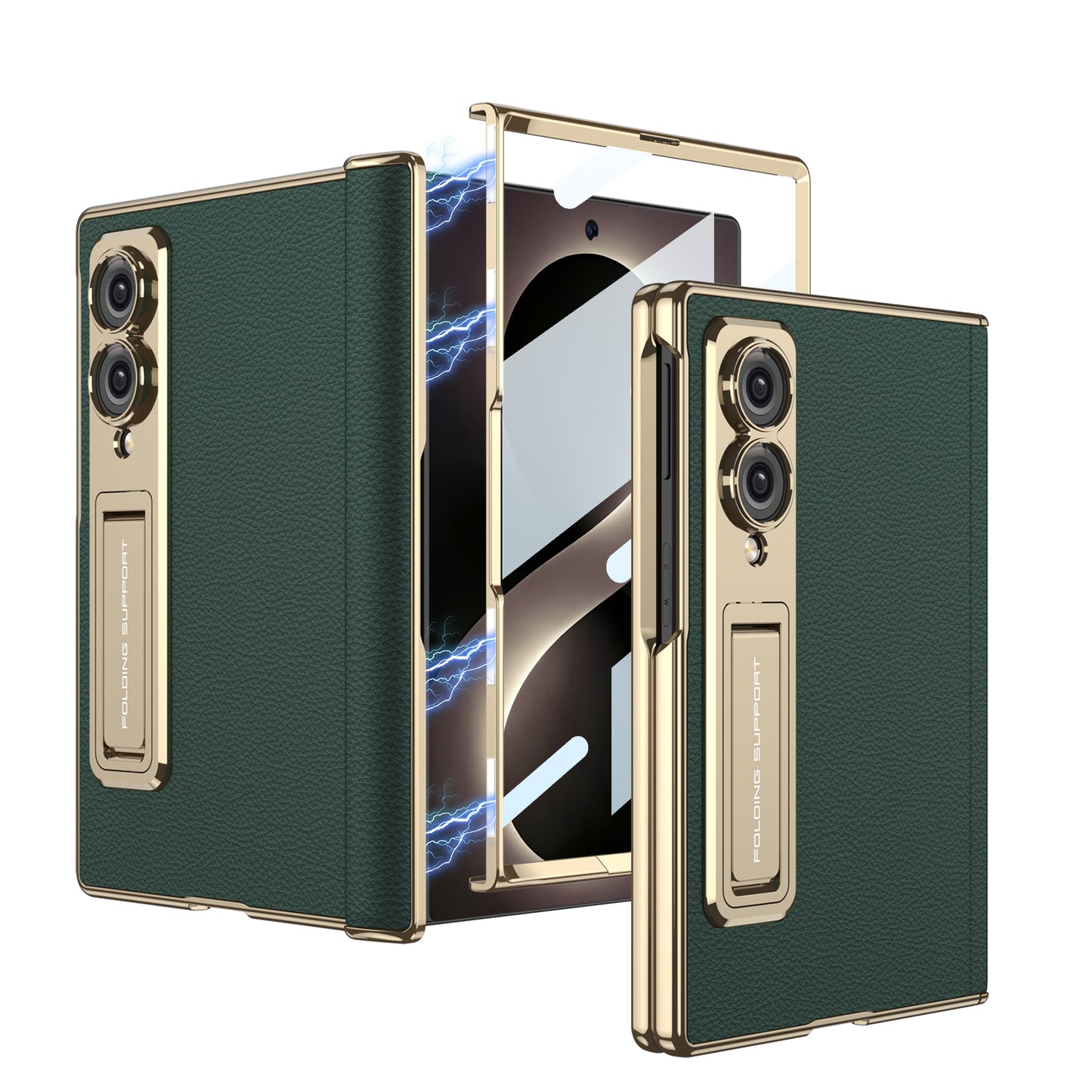 Leather Case For Galaxy Z Fold8/7/6 Wide Ultra – Gold-Finish Frame, Built-In Tempered Glass Film & Hidden Kickstand