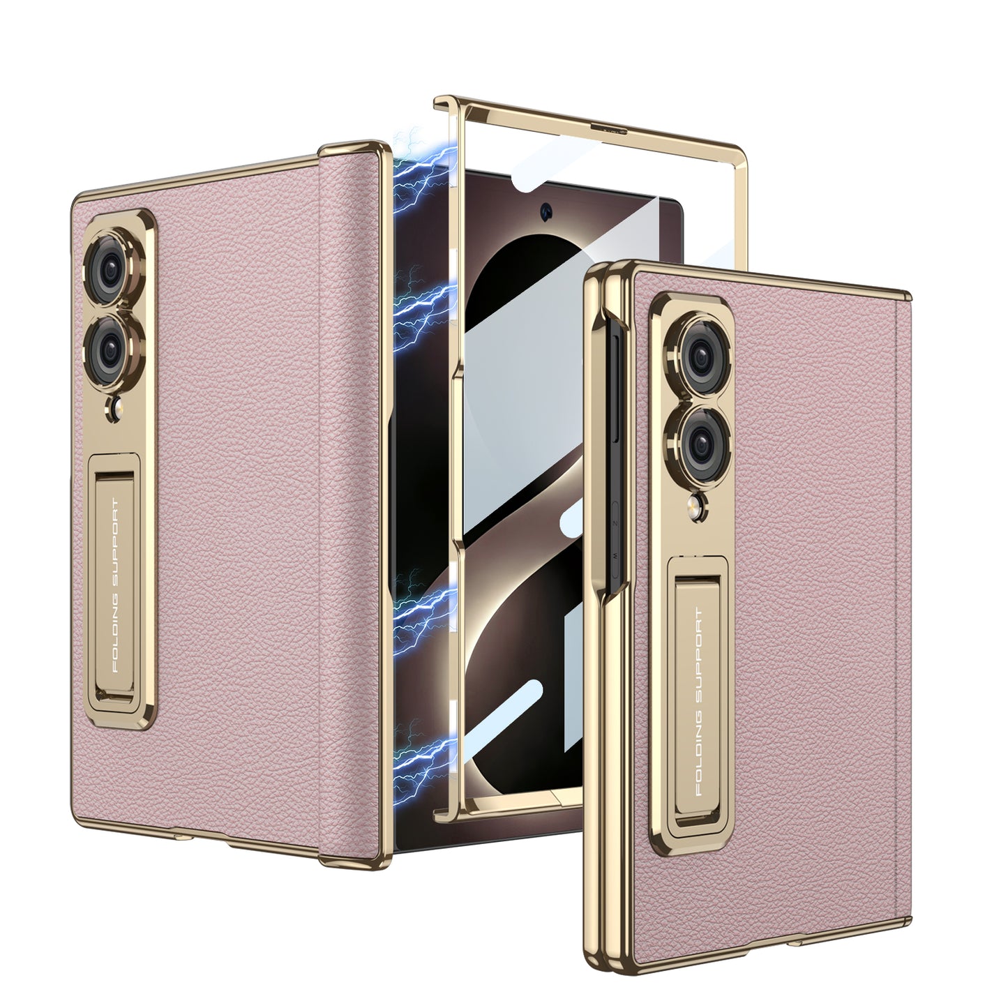 Leather Case For Galaxy Z Fold8/7/6 Wide Ultra – Gold-Finish Frame, Built-In Tempered Glass Film & Hidden Kickstand