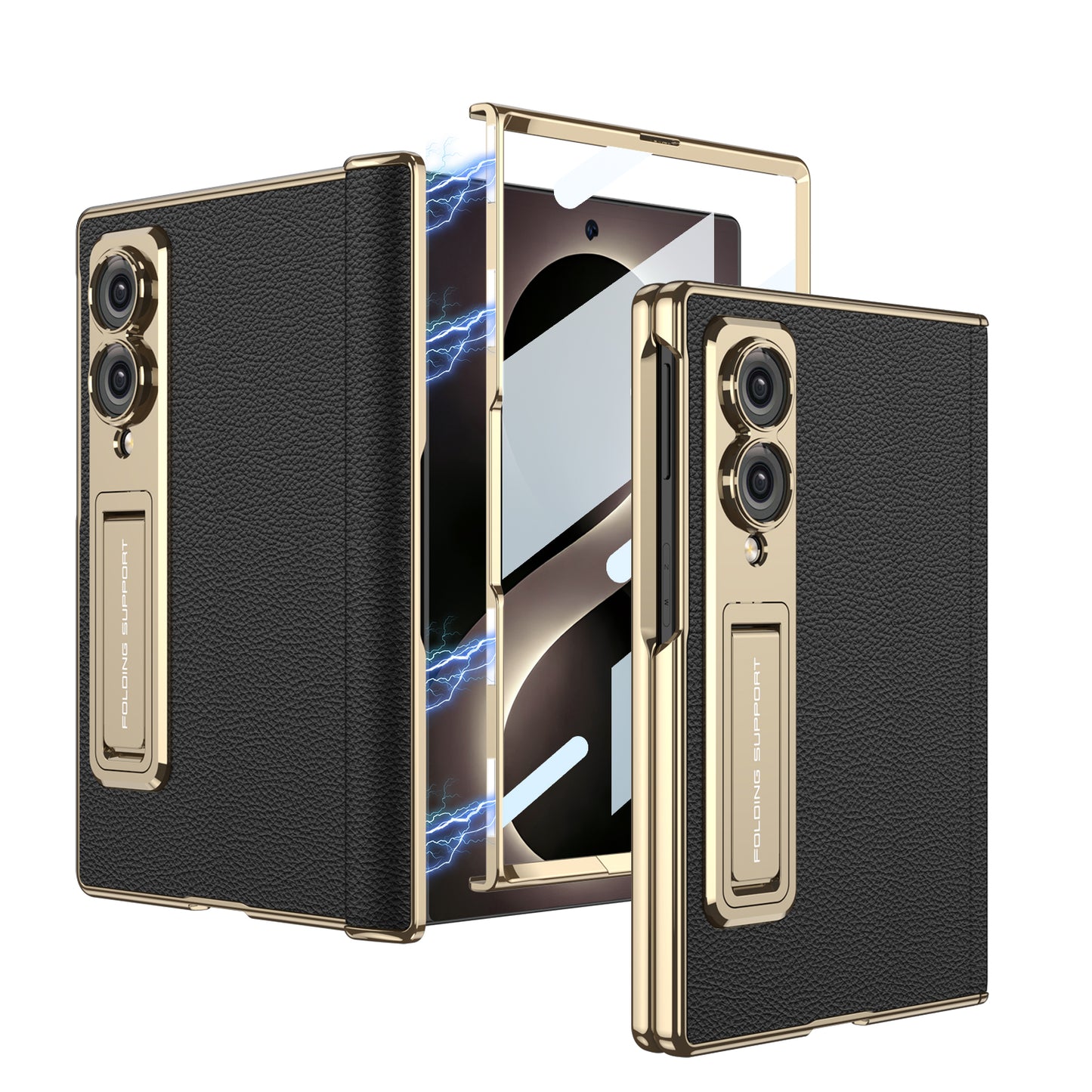 Leather Case For Galaxy Z Fold8/7/6 Wide Ultra – Gold-Finish Frame, Built-In Tempered Glass Film & Hidden Kickstand