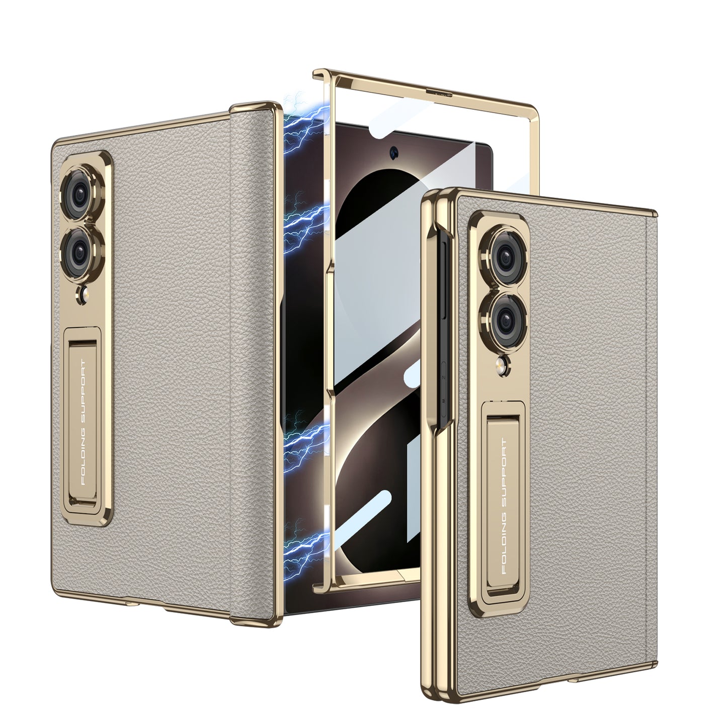 Leather Case For Galaxy Z Fold8/7/6 Wide Ultra – Gold-Finish Frame, Built-In Tempered Glass Film & Hidden Kickstand