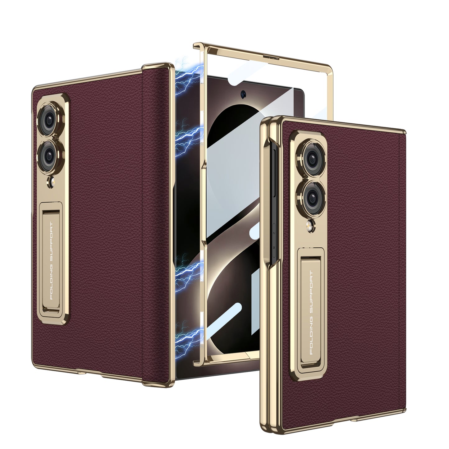 Leather Case For Galaxy Z Fold8/7/6 Wide Ultra – Gold-Finish Frame, Built-In Tempered Glass Film & Hidden Kickstand