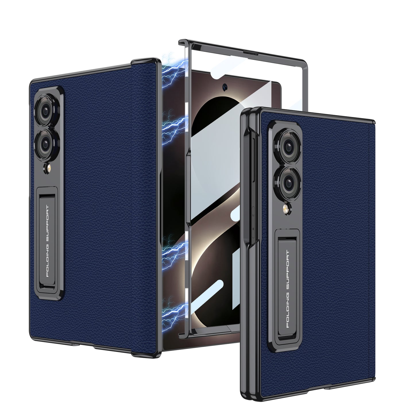 Leather Case For Galaxy Z Fold8/7/6 Wide Ultra – Gold-Finish Frame, Built-In Tempered Glass Film & Hidden Kickstand