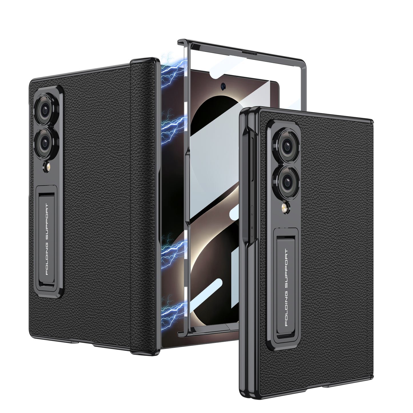 Leather Case For Galaxy Z Fold8/7/6 Wide Ultra – Gold-Finish Frame, Built-In Tempered Glass Film & Hidden Kickstand