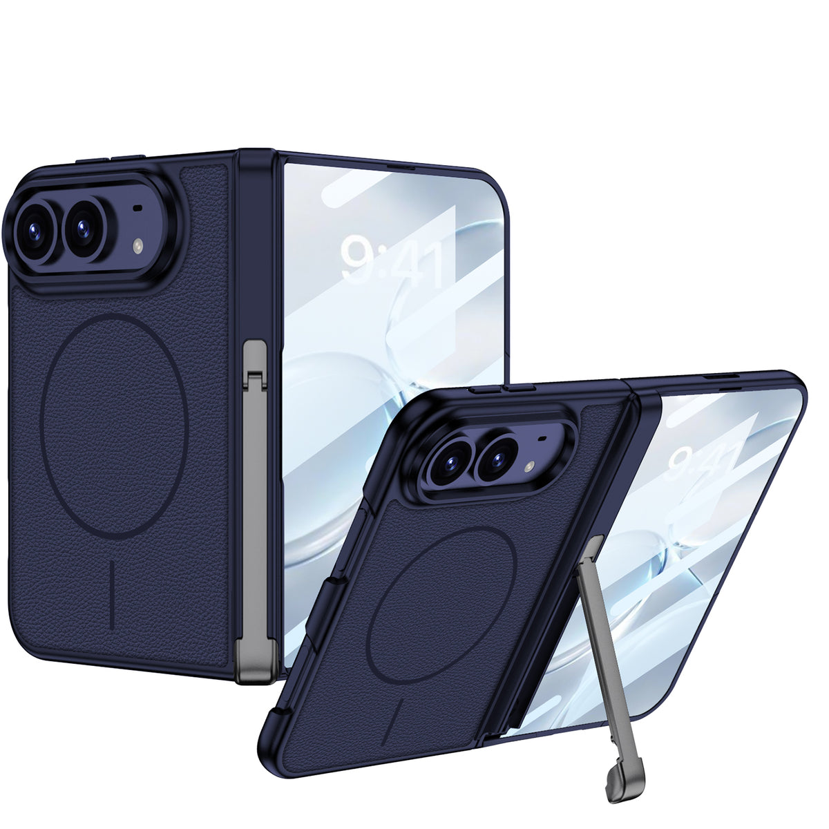 iPhone Duo - Magnetic Hinge Protection Leather Cover Built-in Tempered Glass Film & Tri‑Fold Kickstand & Magnetic Ring