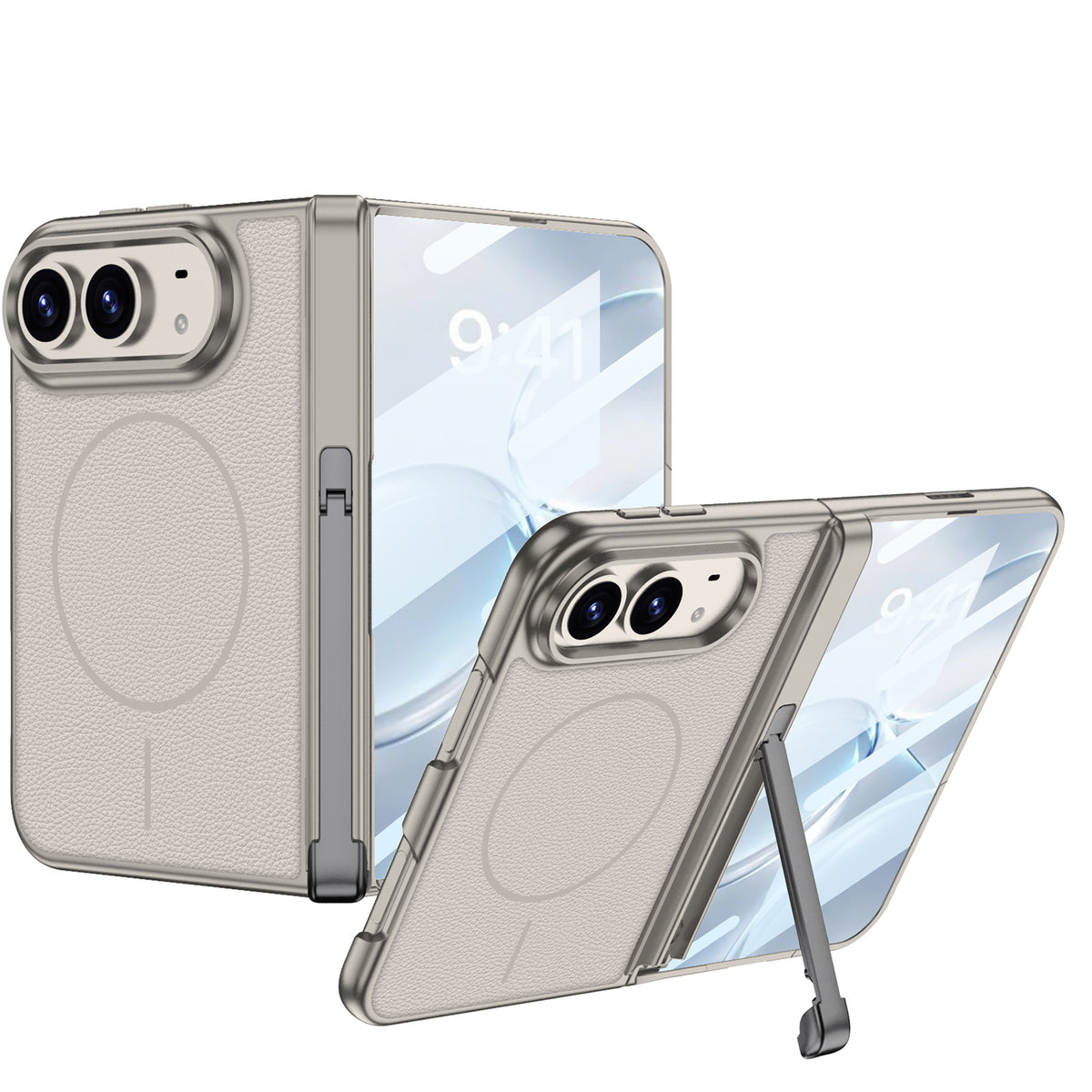 iPhone Duo - Magnetic Hinge Protection Leather Cover Built-in Tempered Glass Film & Tri‑Fold Kickstand & Magnetic Ring