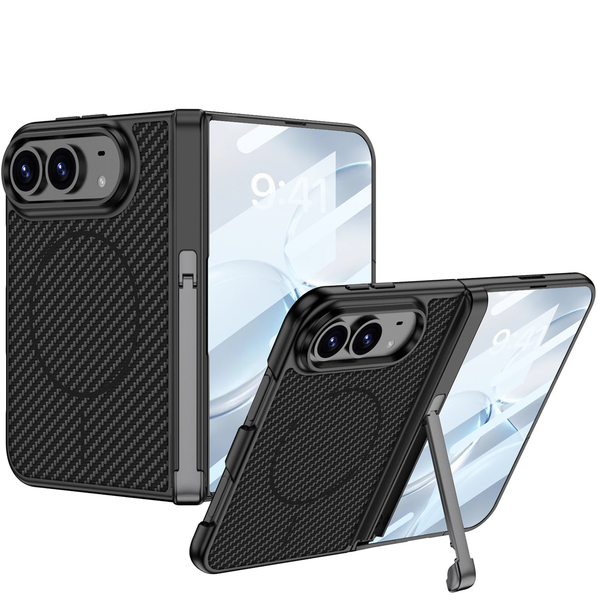 iPhone Duo - Magnetic Hinge Protection Leather Cover Built-in Tempered Glass Film & Tri‑Fold Kickstand & Magnetic Ring