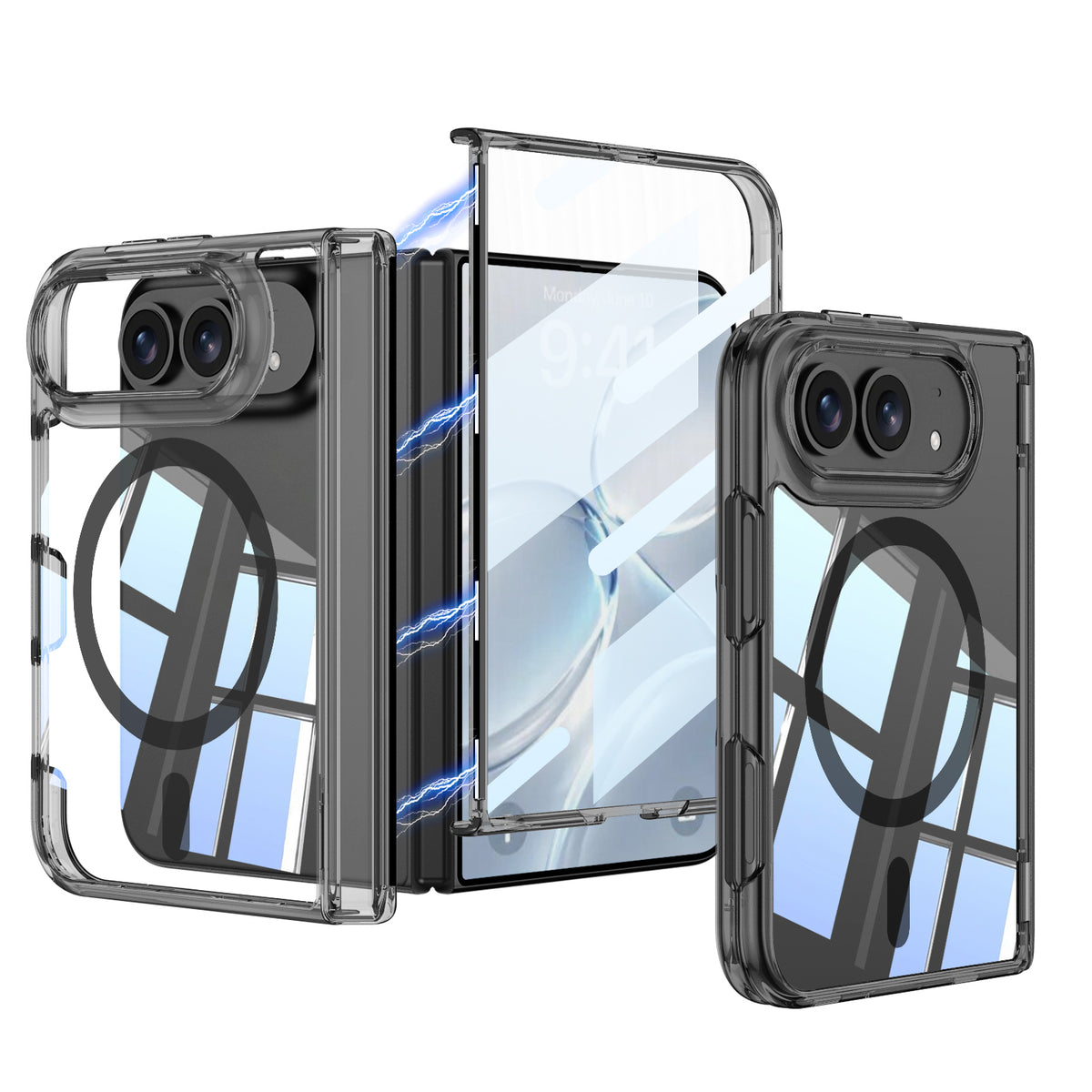 iPhone Ultra - Magnetic Hinge Protection Clear Cover Built-in Tempered Glass Film & Magnetic Ring