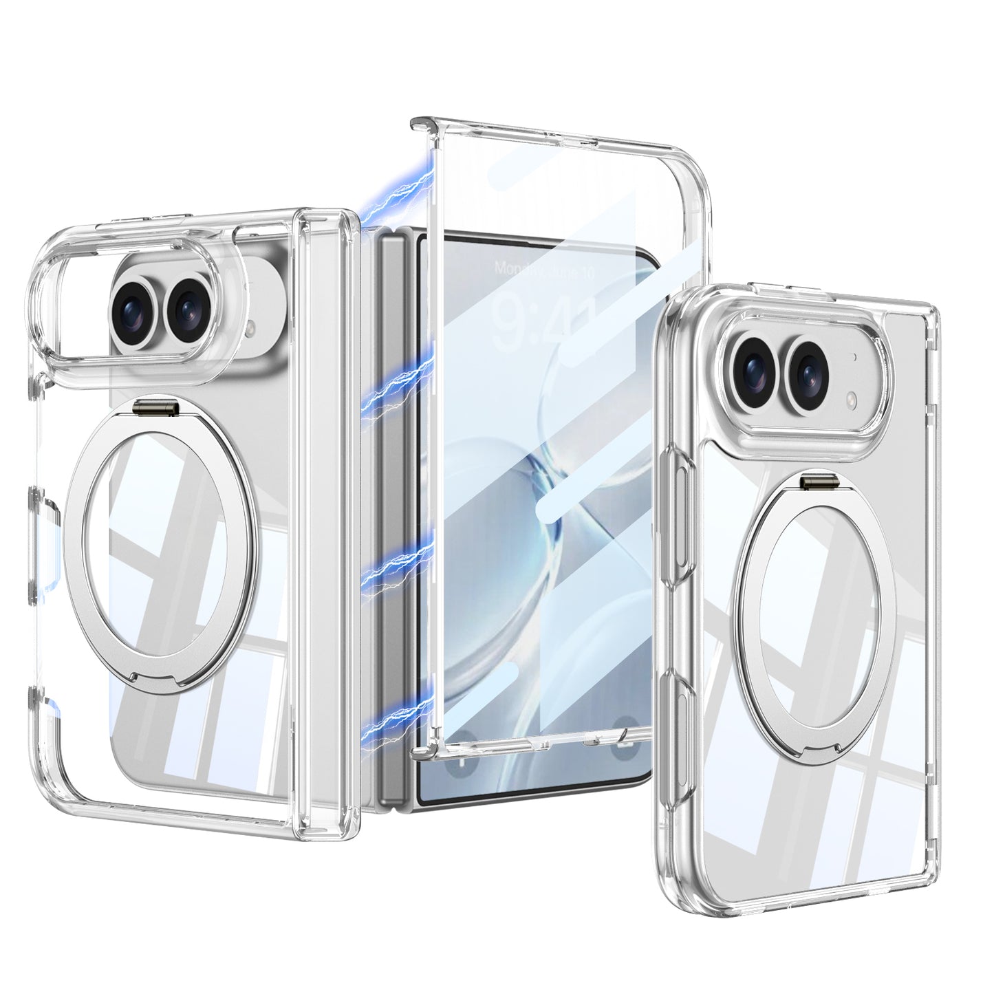 iPhone Ultra - Magnetic Hinge Protection Clear Cover Built-in Tempered Glass Film & 360° Rotatable Magnetic Ring Kickstand