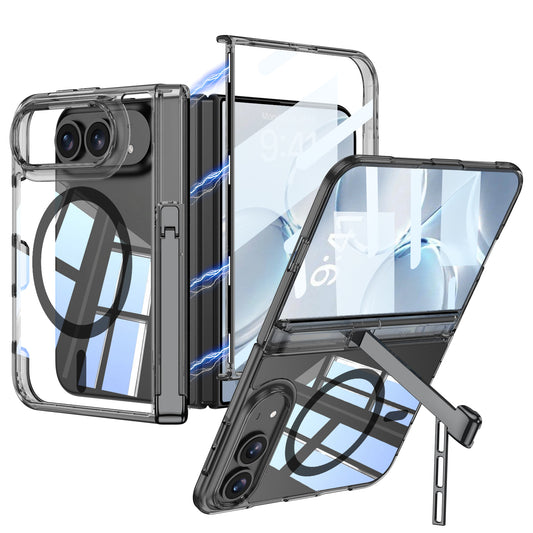 iPhone Ultra - Magnetic Hinge Protection Clear Cover Built-in Tempered Glass Film & Tri‑Fold Kickstand & Magnetic Ring