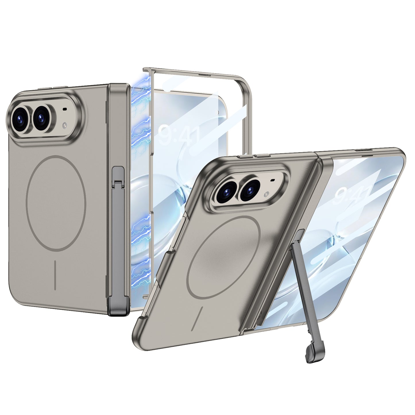 iPhone Ultra - Magnetic Hinge Protection Fashion Cover Built-in Tempered Glass Film & Tri‑Fold Kickstand & Magnetic Ring