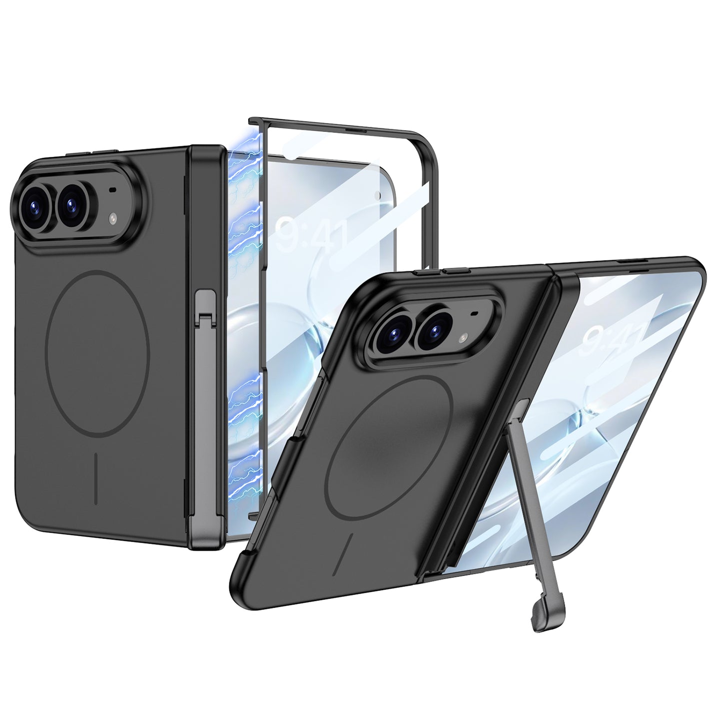 iPhone Ultra - Magnetic Hinge Protection Fashion Cover Built-in Tempered Glass Film & Tri‑Fold Kickstand & Magnetic Ring