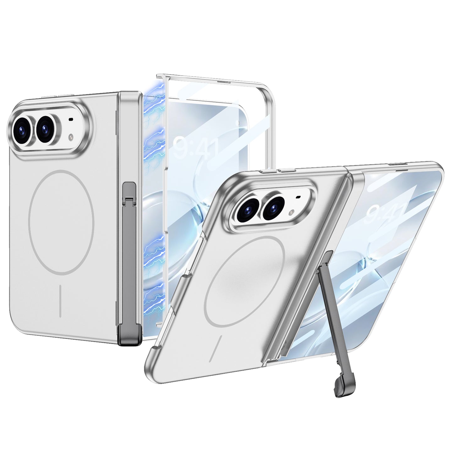 iPhone Ultra - Magnetic Hinge Protection Fashion Cover Built-in Tempered Glass Film & Tri‑Fold Kickstand & Magnetic Ring