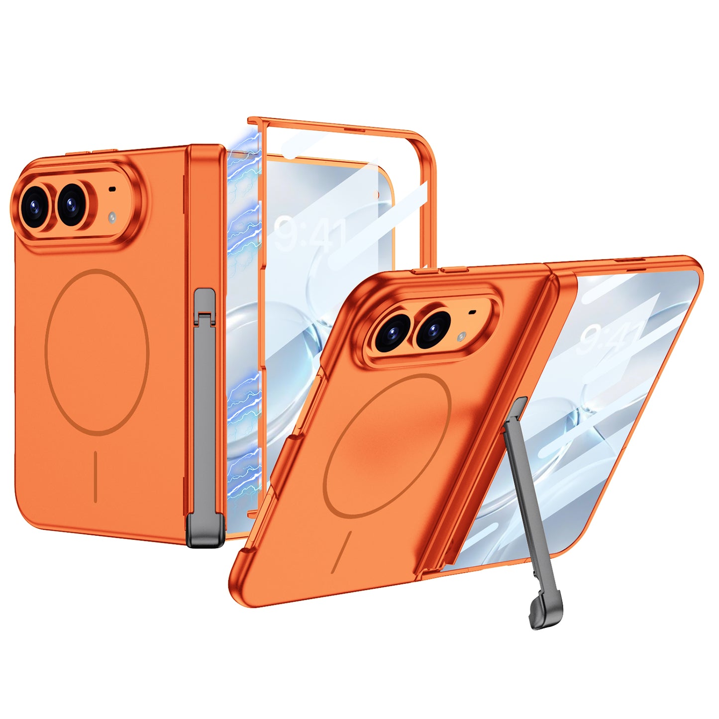 iPhone Ultra - Magnetic Hinge Protection Fashion Cover Built-in Tempered Glass Film & Tri‑Fold Kickstand & Magnetic Ring