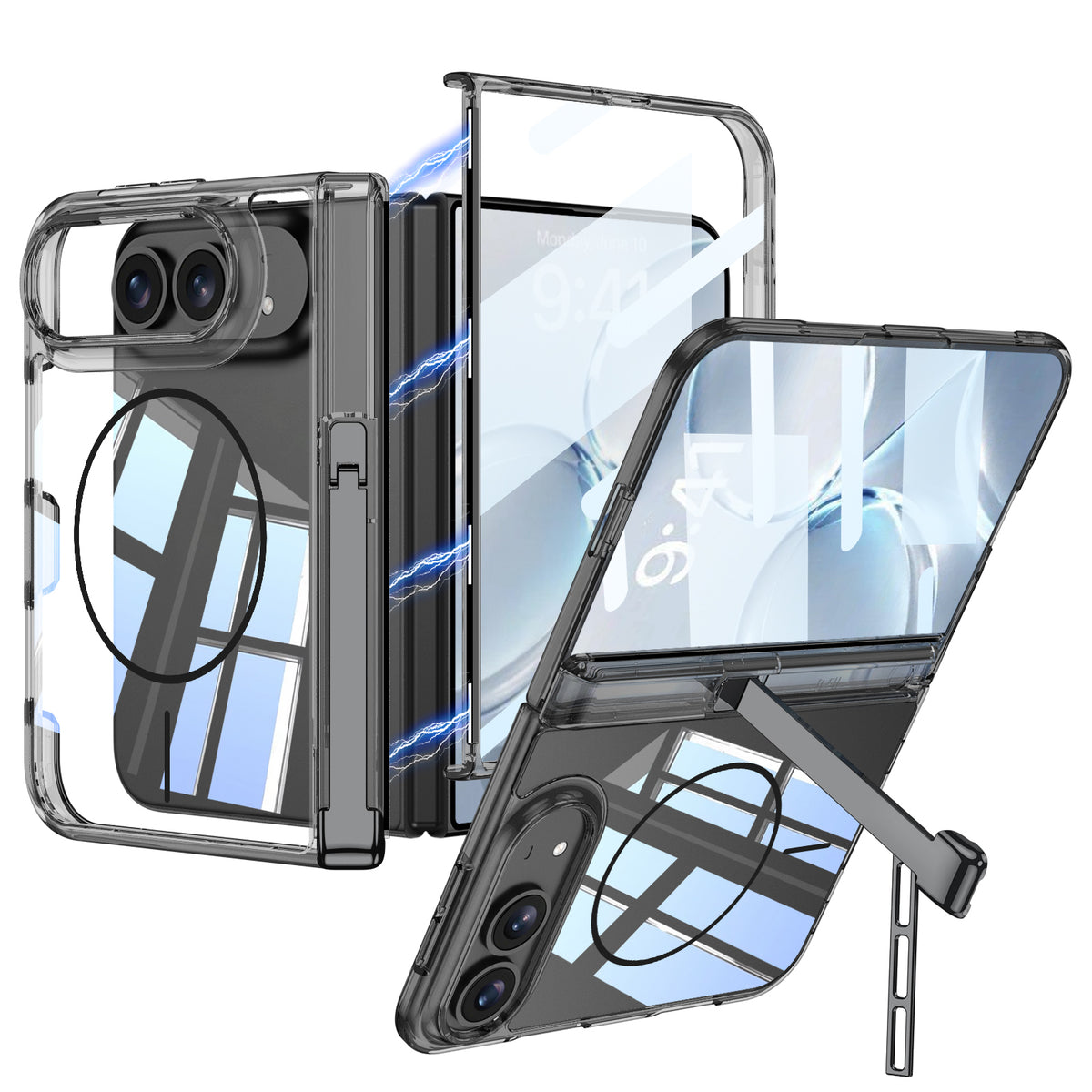 iPhone Ultra - Magnetic Hinge Protection Clear Cover Built-in Tempered Glass Film & Tri‑Fold Kickstand & Magnetic Ring