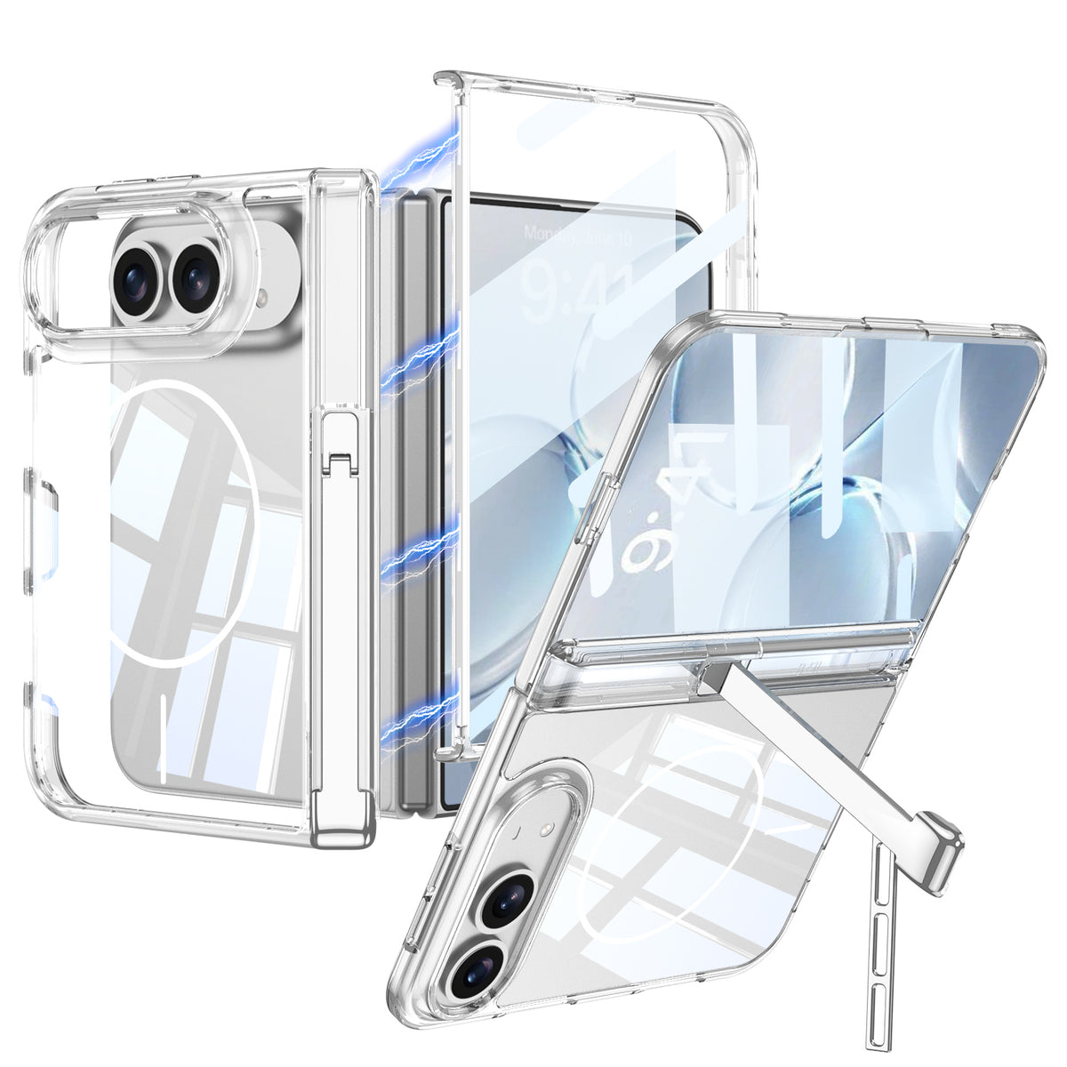 iPhone Ultra - Magnetic Hinge Protection Clear Cover Built-in Tempered Glass Film & Tri‑Fold Kickstand & Magnetic Ring