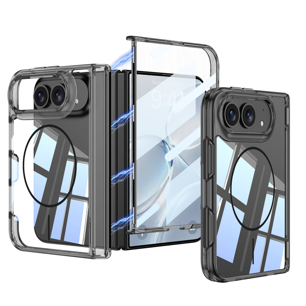 iPhone Ultra - Magnetic Hinge Protection Clear Cover Built-in Tempered Glass Film & Magnetic Ring