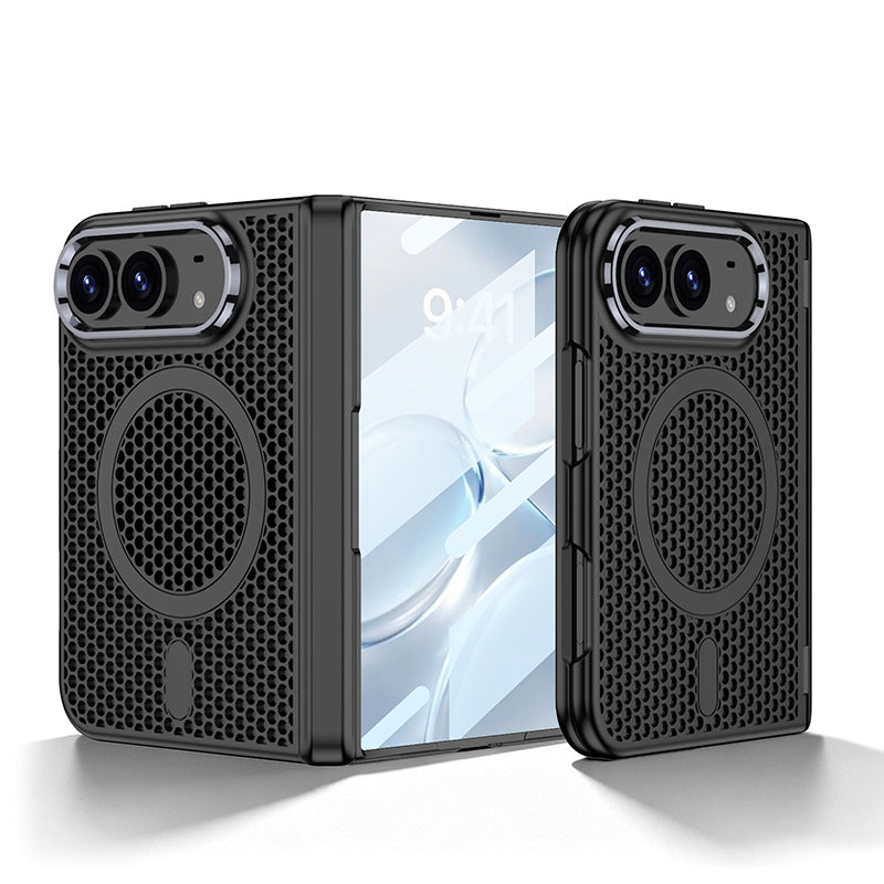 iPhone Ultra - Magnetic Hinge Protection Honeycomb‑Mesh Cooling Cover Built-in Tempered Glass Film & Magnetic Ring
