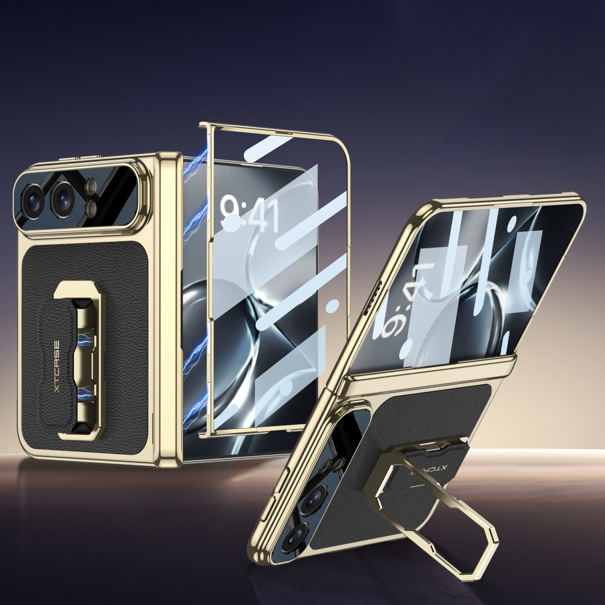 iPhone Duo | Golden Plating Magnetic Hinge Protection Phone Case Built-in Tempered Glass Film & Magnetic Finger‑Ring Grip