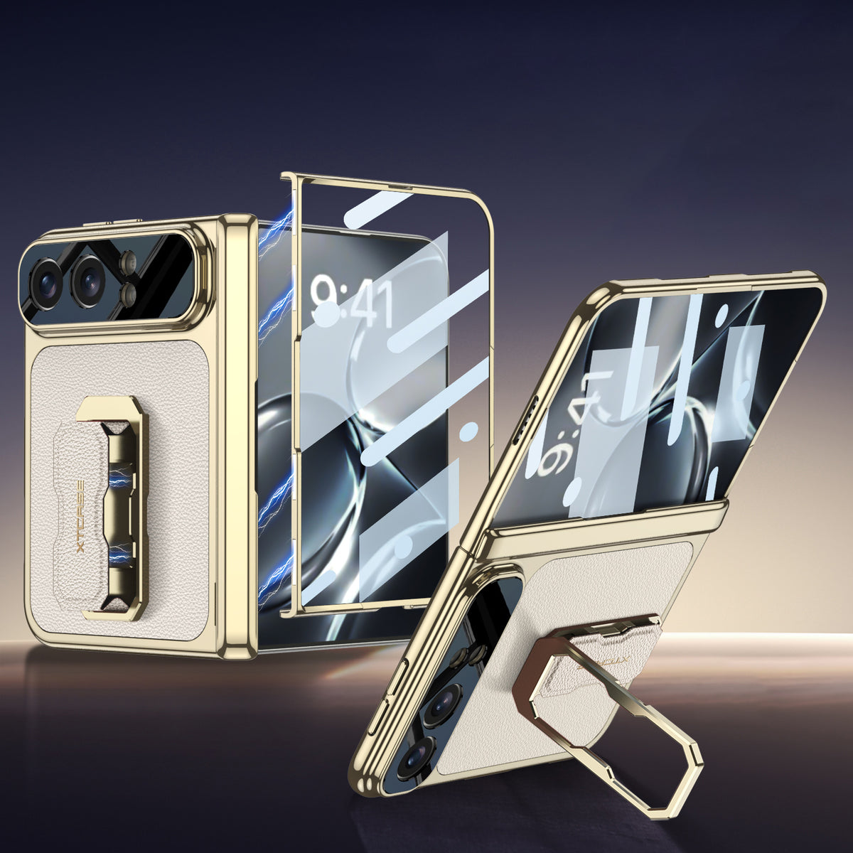 iPhone Duo | Golden Plating Magnetic Hinge Protection Phone Case Built-in Tempered Glass Film & Magnetic Finger‑Ring Grip
