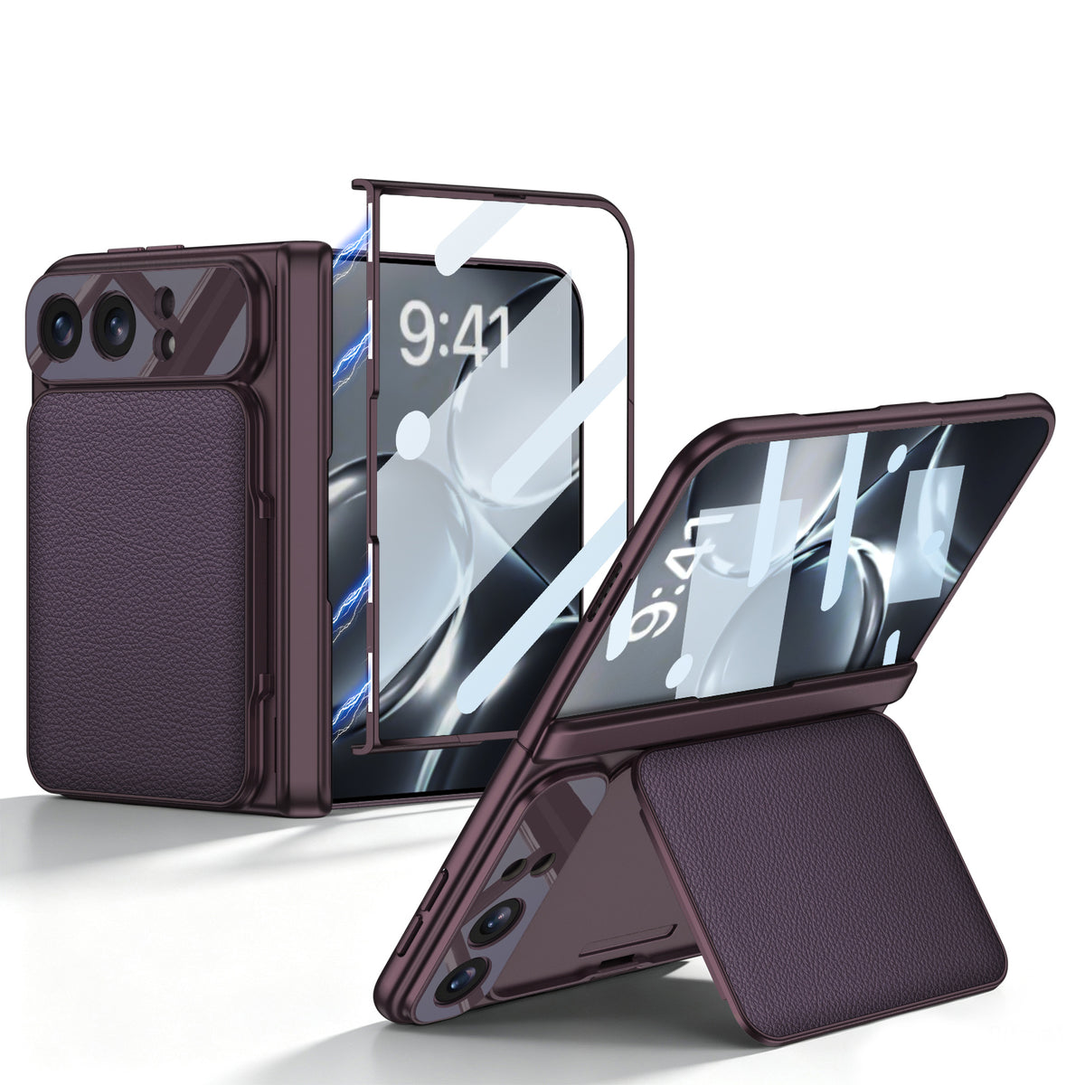 iPhone Duo - Magnetic Hinge Protection Cover Built-in Tempered Glass Film & Leather Card Holder