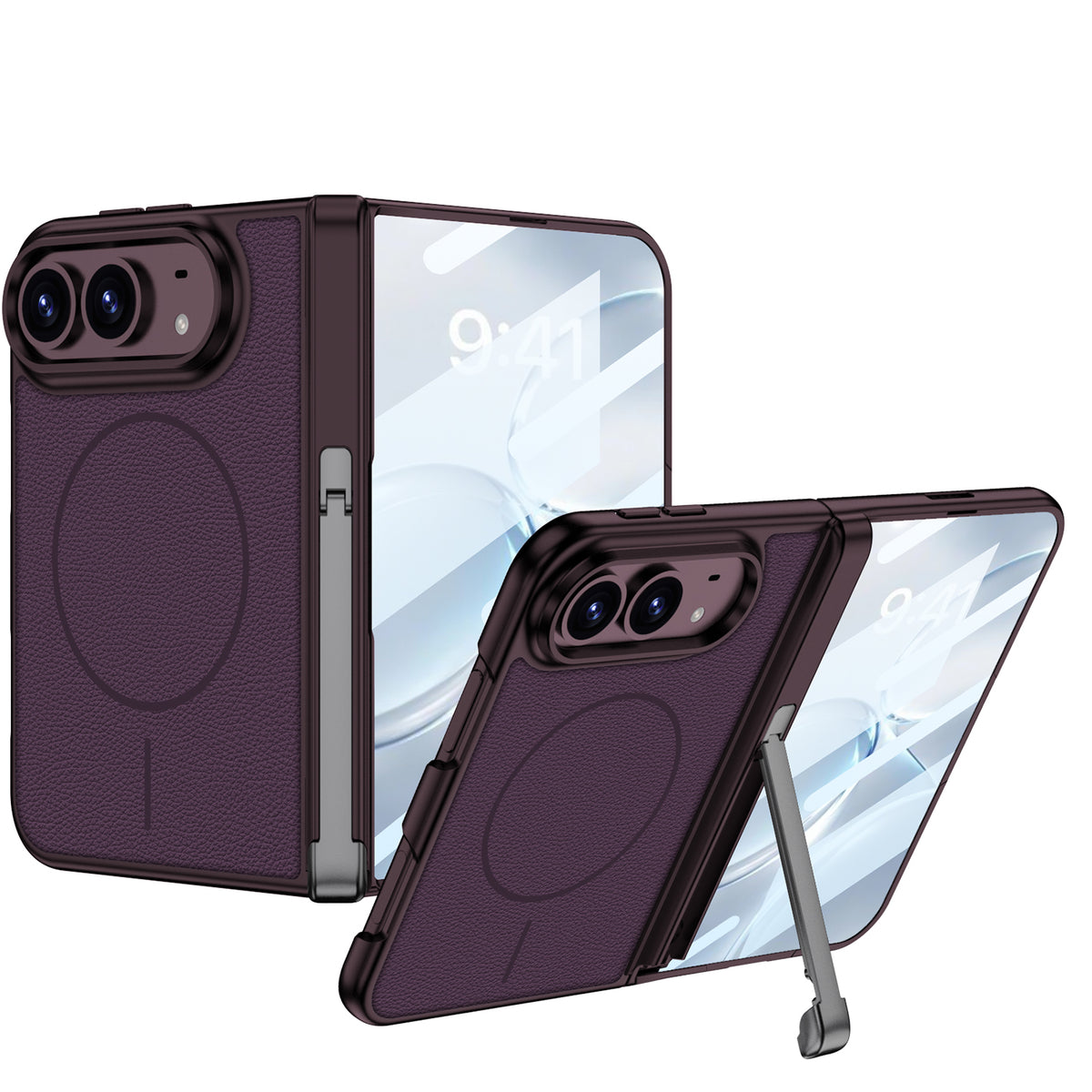 iPhone Duo - Magnetic Hinge Protection Leather Cover Built-in Tempered Glass Film & Tri‑Fold Kickstand & Magnetic Ring