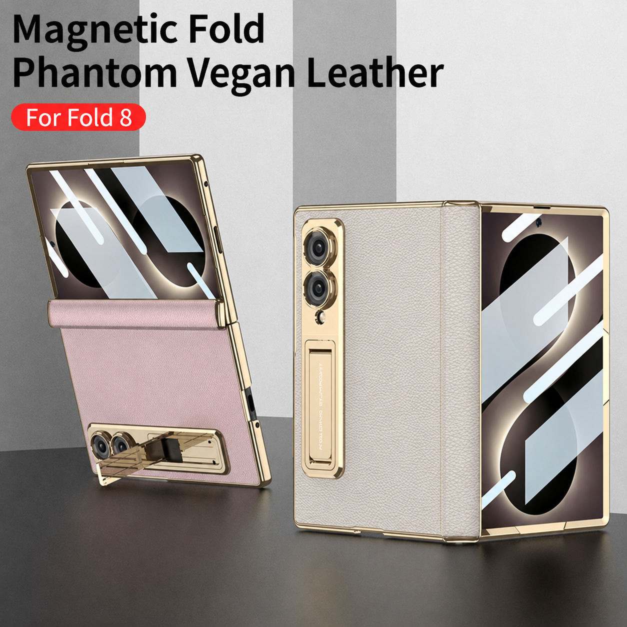 Leather Case For Galaxy Z Fold8/7/6 Wide Ultra – Gold-Finish Frame, Built-In Tempered Glass Film & Hidden Kickstand