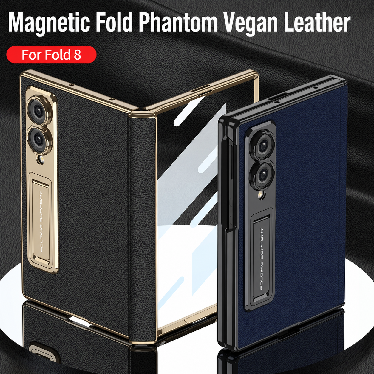 Leather Case For Galaxy Z Fold8/7/6 Wide Ultra – Gold-Finish Frame, Built-In Tempered Glass Film & Hidden Kickstand